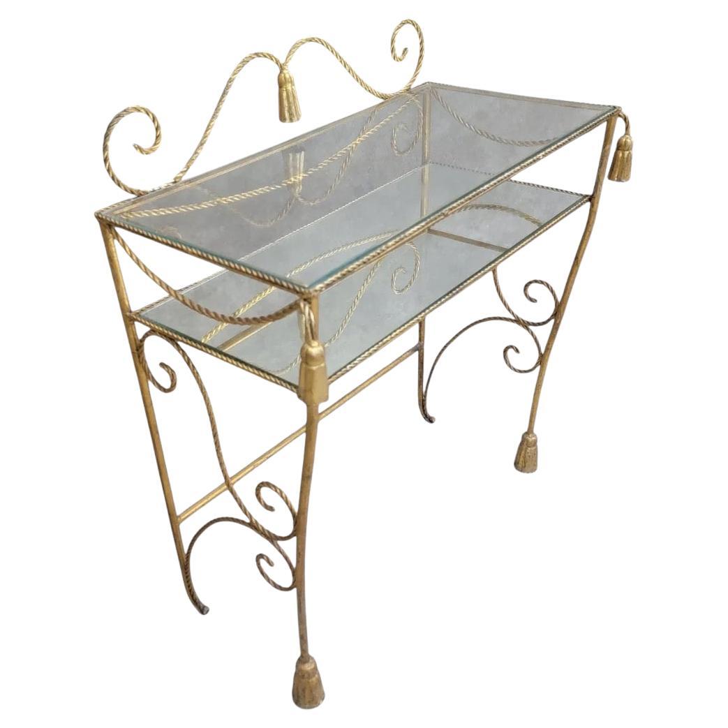 Antico tavolo consolle Vanity/Dry-Bar italiano a due piani in corda dorata con nappe