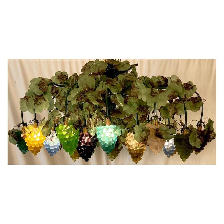 Magnificent Antique Italian Art Nouveau Venetian Art Glass grape clusters chandelier, Circa 1920. This is a rare sized chandelier in beautiful condition with multi-colored grape bunches and leaves. It would look wonderful in a kitchen, dining room