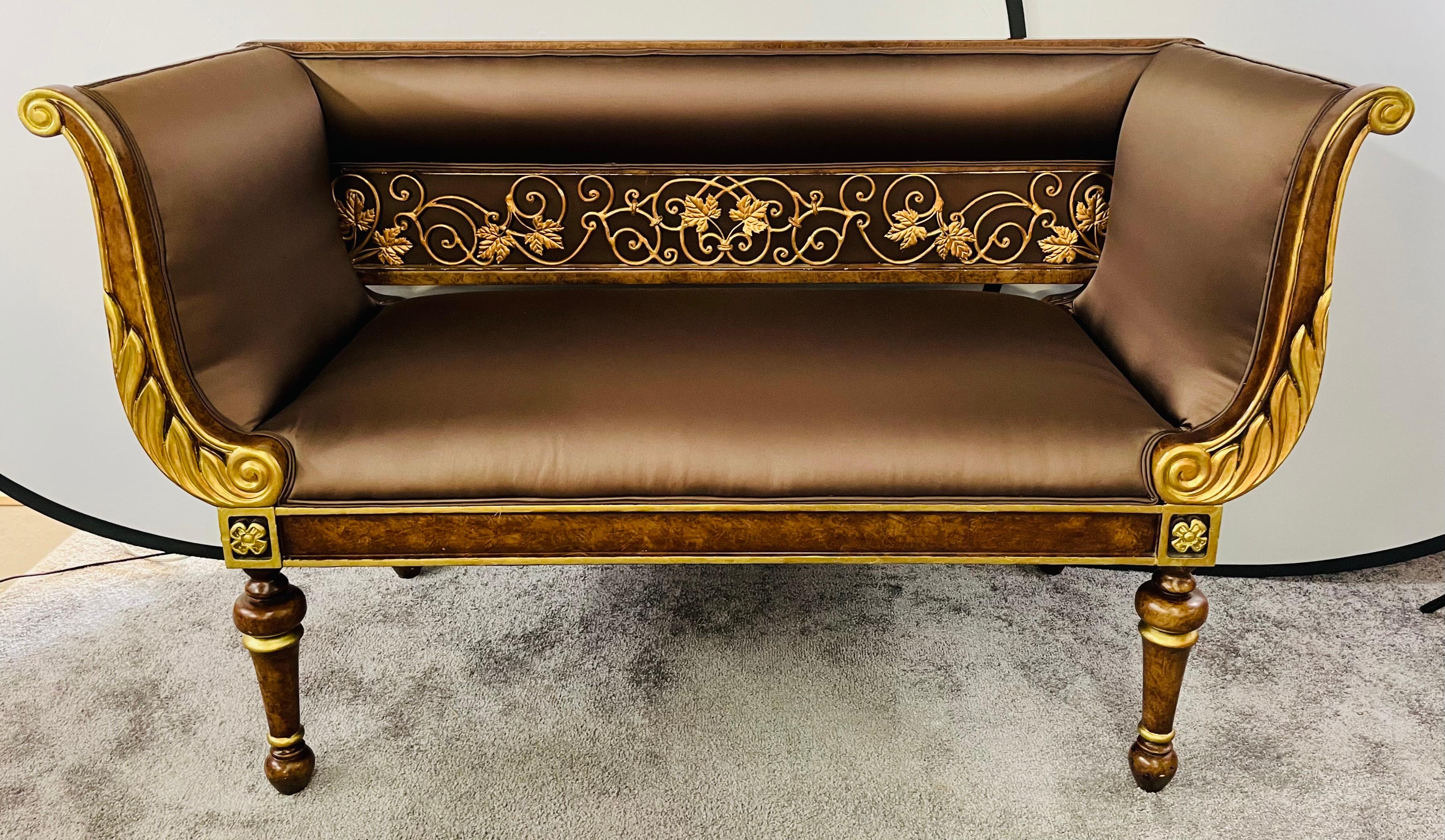 Grace your space with this 19th century Italian Venetian loveseat, settee or canapé. The frame carving is a a work of art featuring a rail of fine wood leaf design across the settee's back and scrolls and wings motifs on both the roll shaped arms