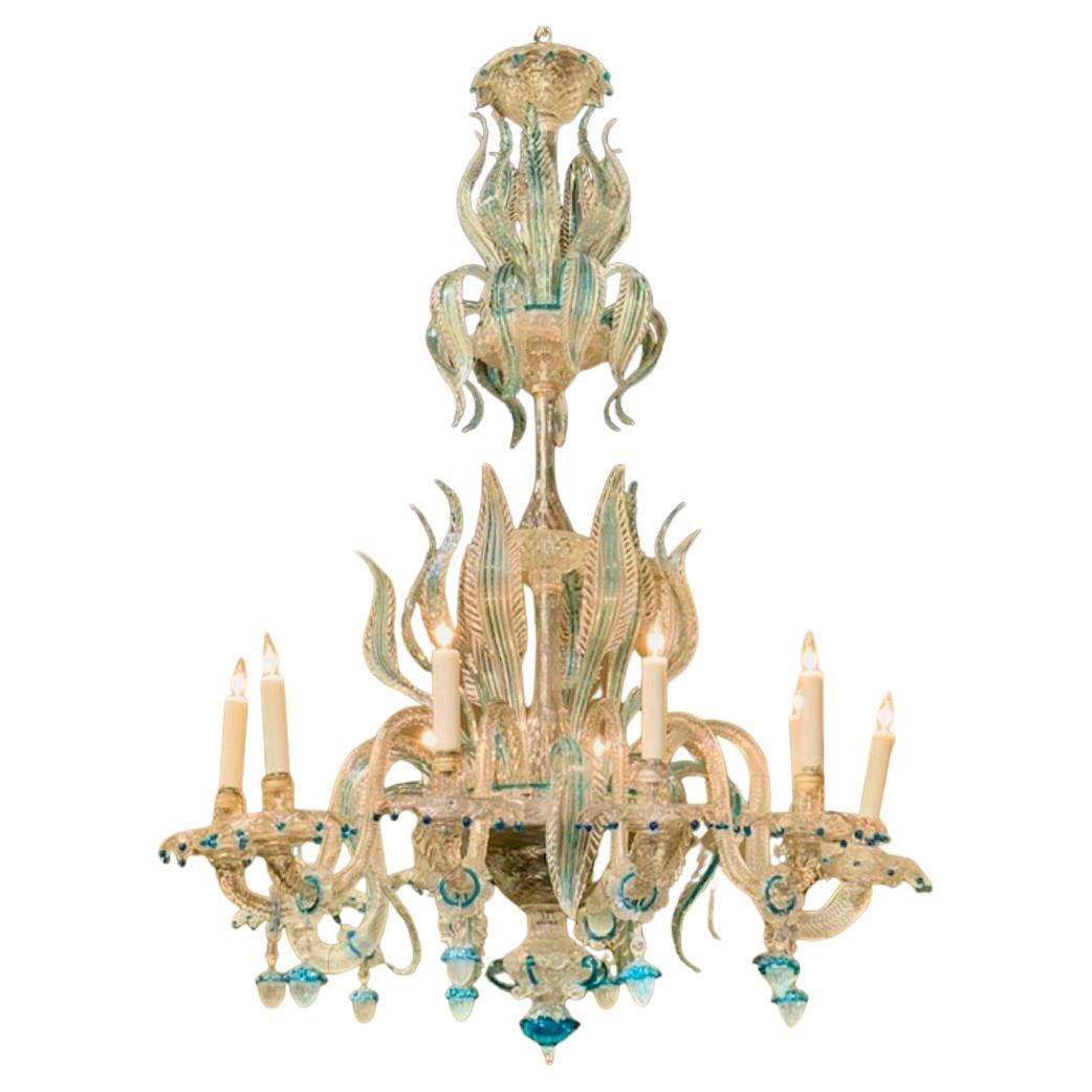 Lustre vénitien italien ancien avec accents bleus en vente