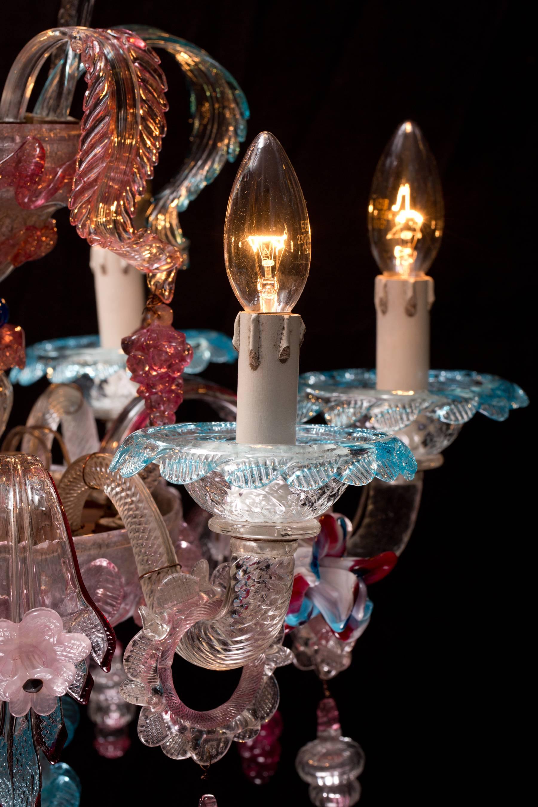 Antique Italian Venetian Chandelier with Colored Murano Glass 3