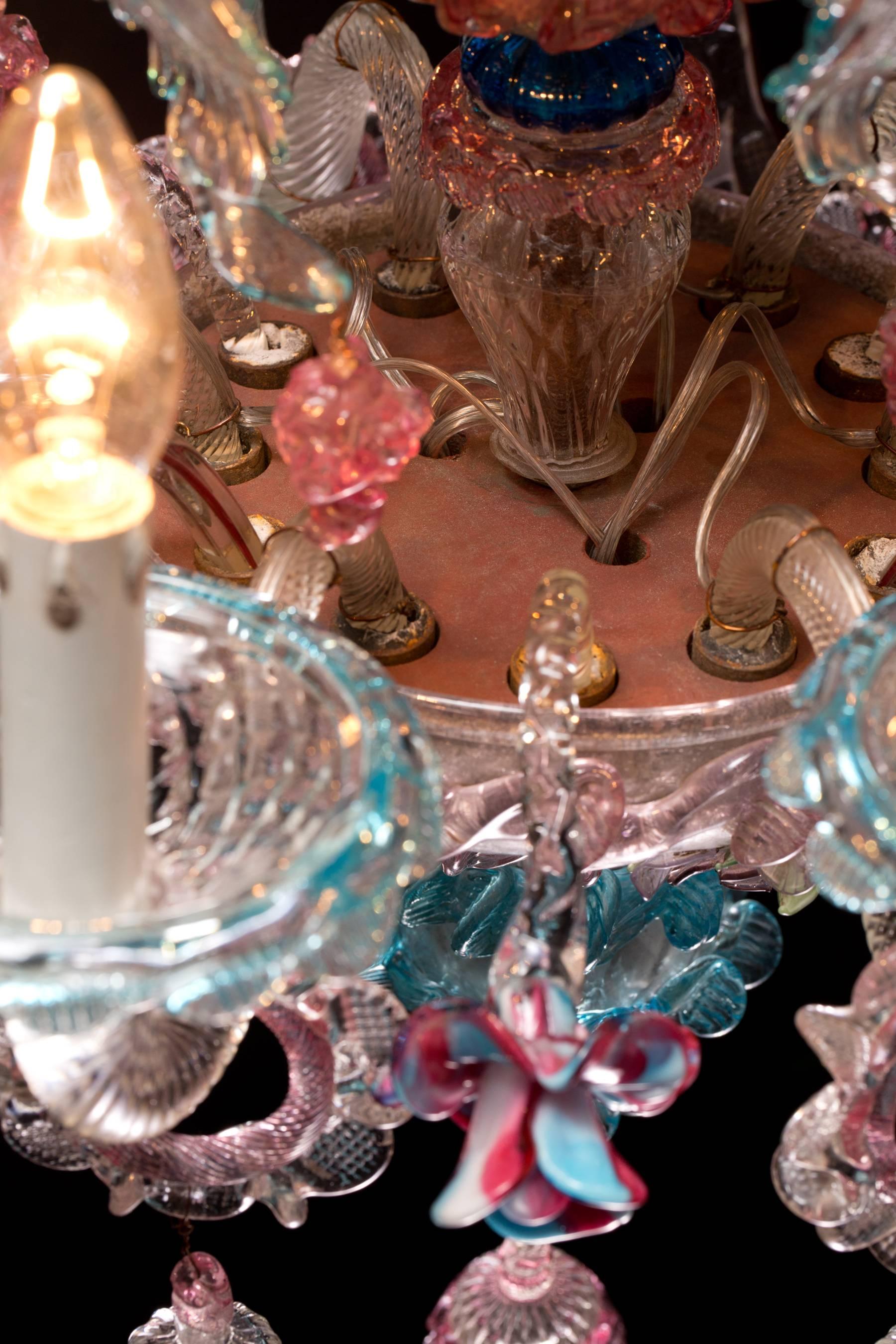 Antique Italian Venetian Chandelier with Colored Murano Glass 5