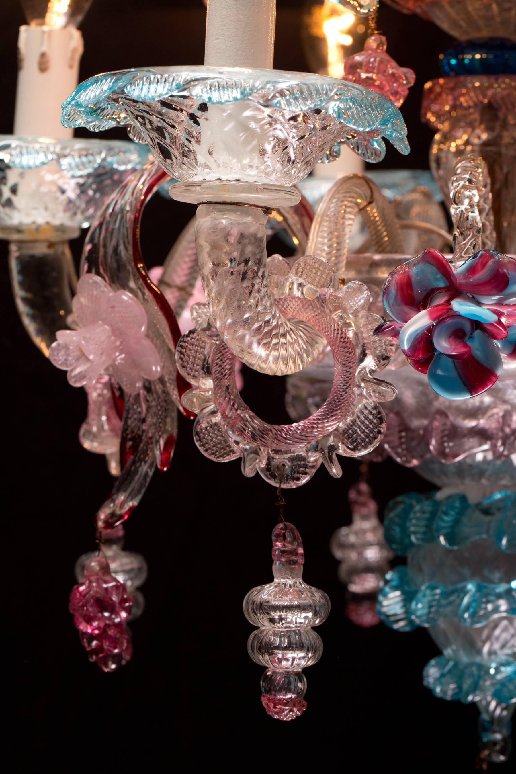 Antique Italian Venetian Chandelier with Colored Murano Glass 6