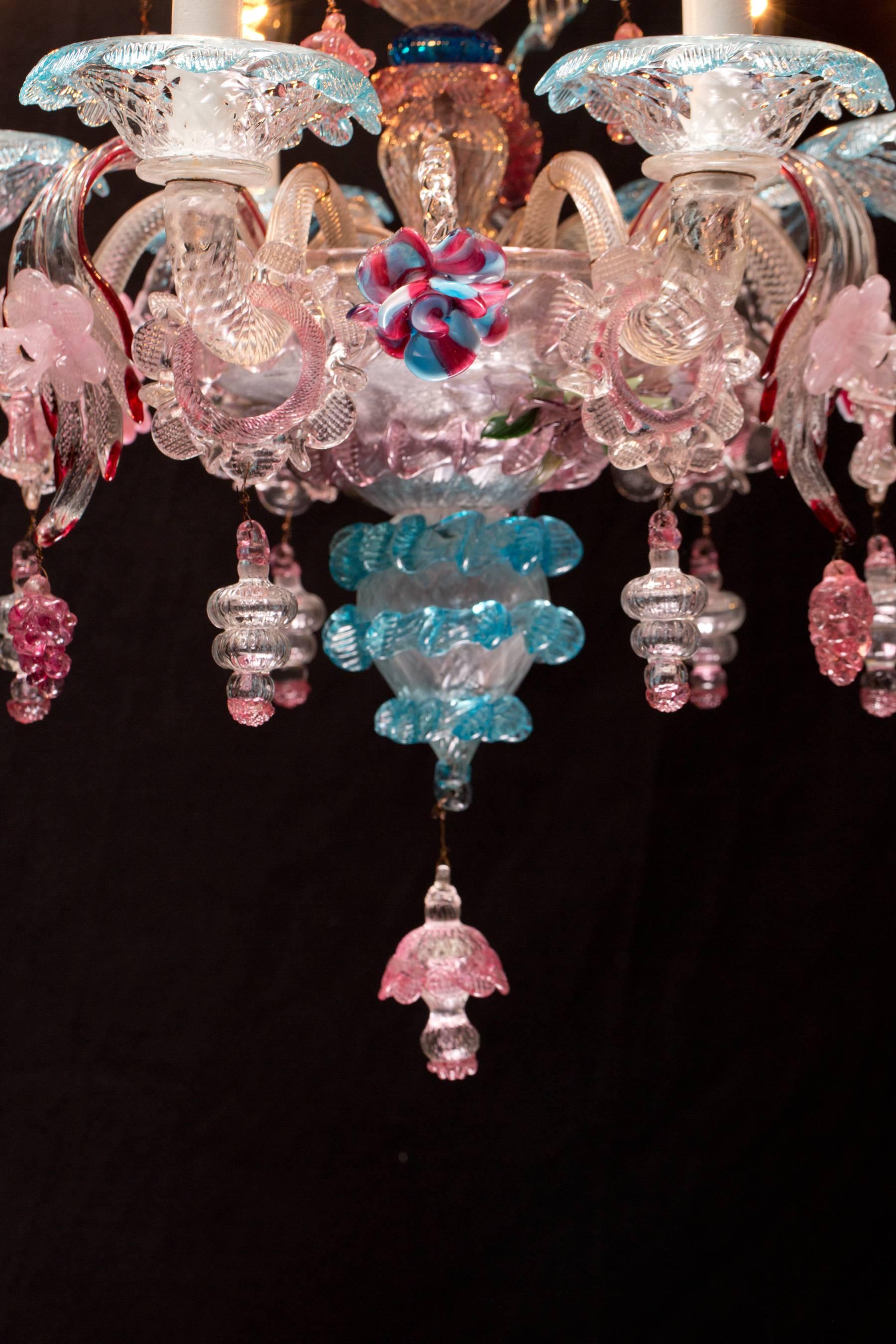 Antique Italian Venetian Chandelier with Colored Murano Glass 7