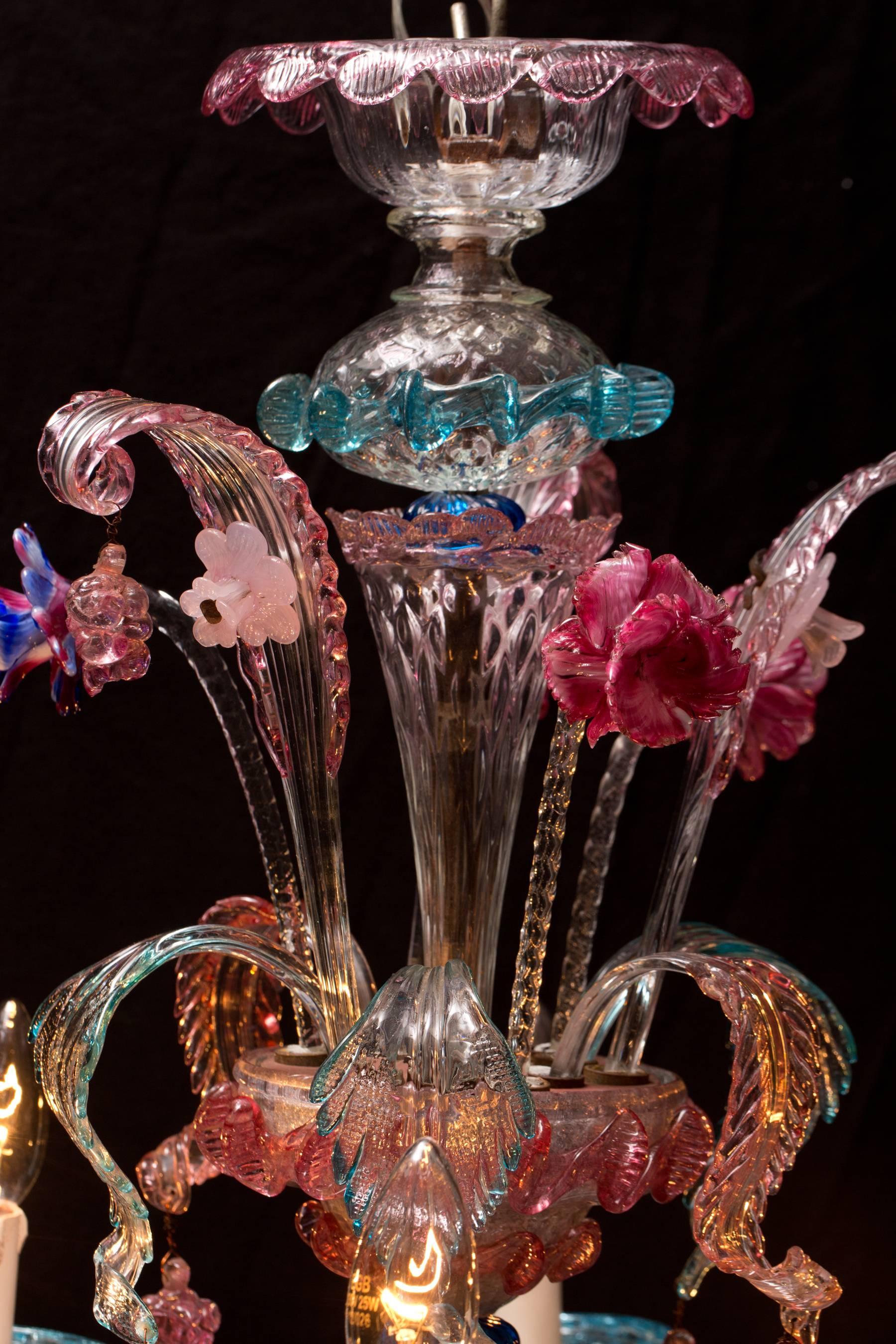 Antique Italian Venetian Chandelier with Colored Murano Glass 1