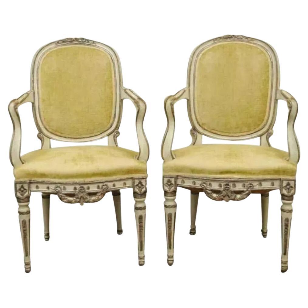 Antique Italian Venetian Cream Distress Painted Carved Wood Arm Chairs - a Pair