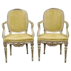 Antique Italian Venetian Cream Distress Painted Carved Wood Arm Chairs - a Pair