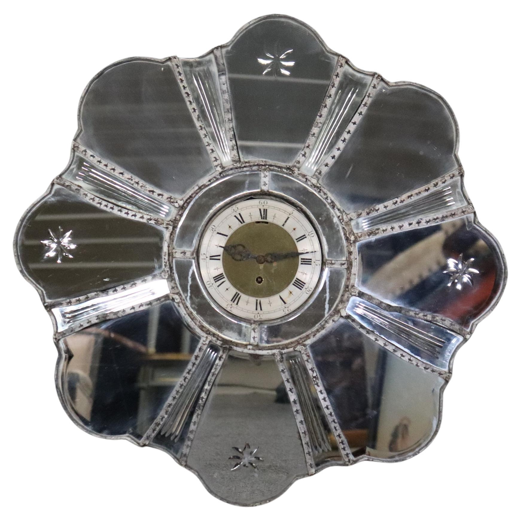 Antique Italian Venetian Etched Mirror Wall Clock For Sale