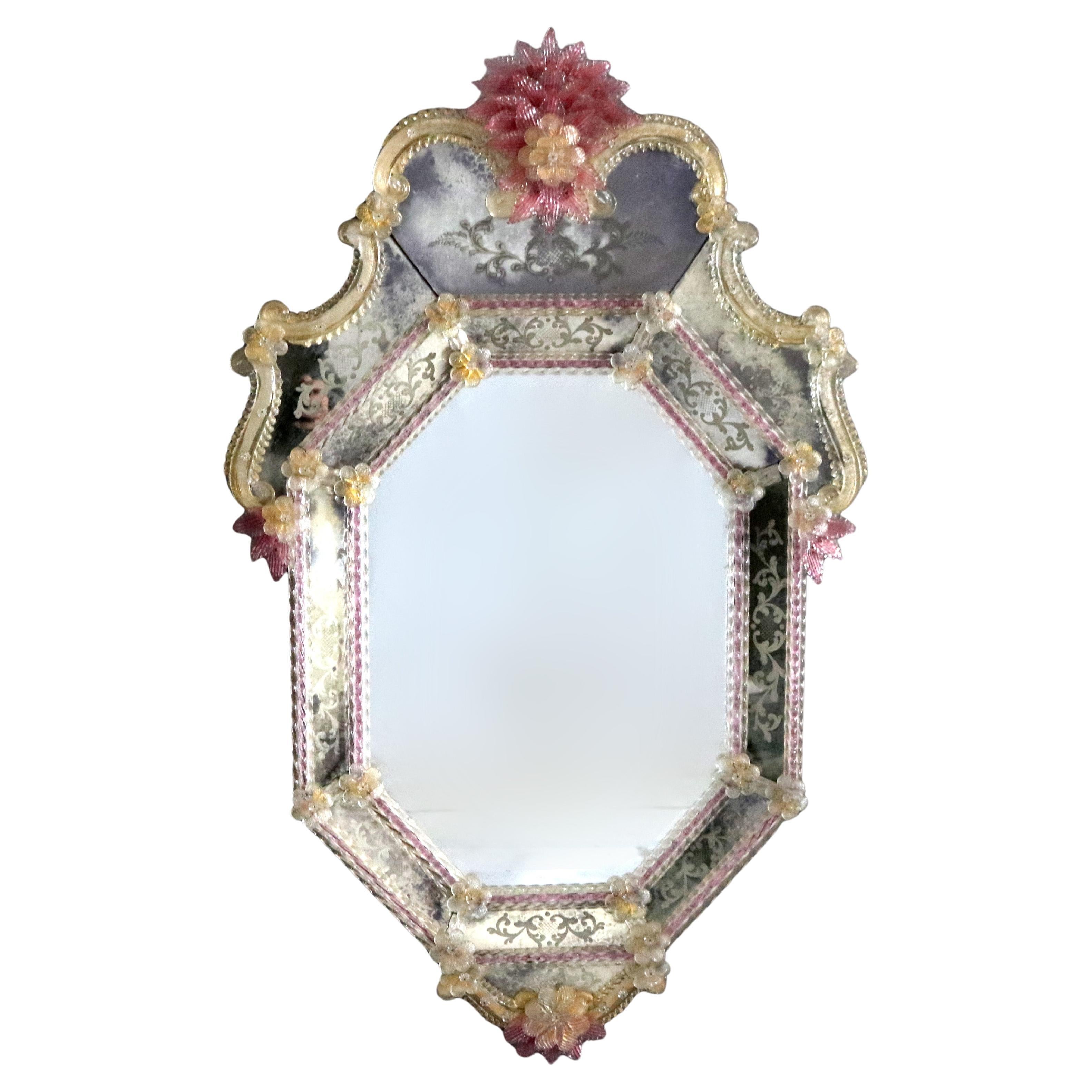 Antique Italian Venetian Fleur De Lis Etched Glass Mirror with Applied Flowers