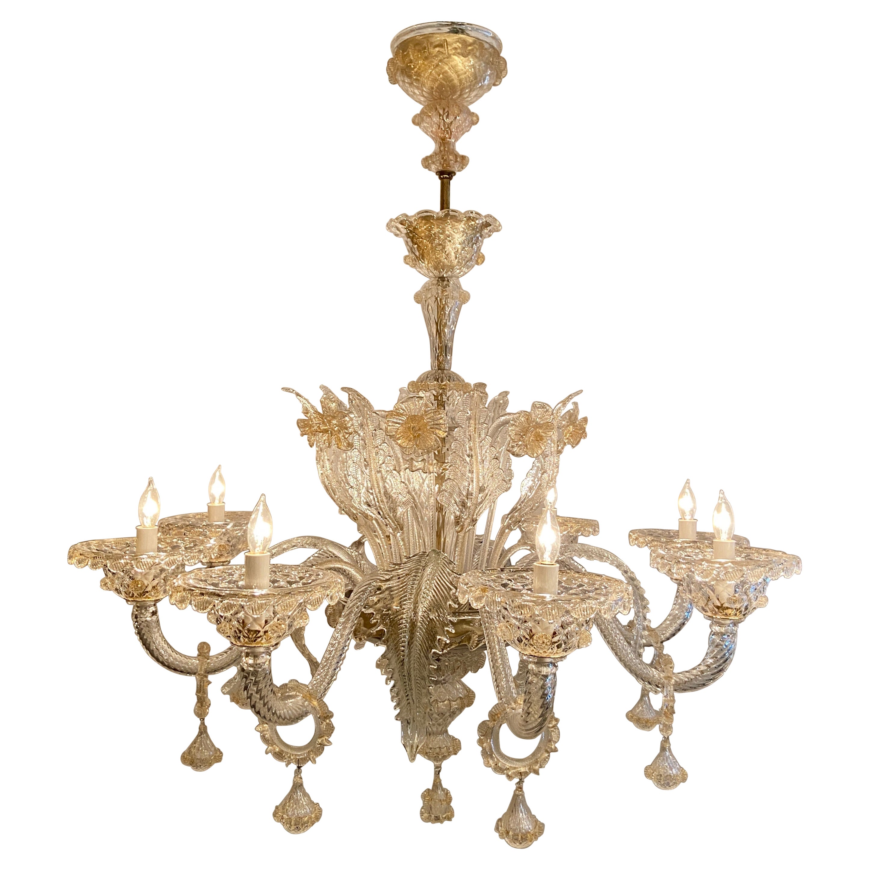 Antique Italian Venetian Glass 8-Light Chandelier, Circa 1930s-1940s
