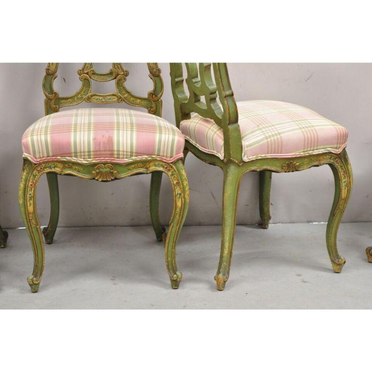 Antique Italian Venetian Green Floral Hand Painted Dining Side Chairs - Set of 4 For Sale 4