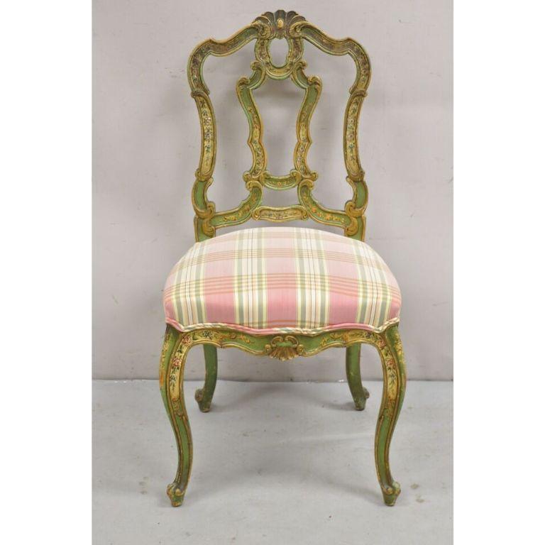 Chaises d'appoint de salle à manger vénitiennes anciennes peintes à la main à motifs floraux verts - lot de 4 en vente 6