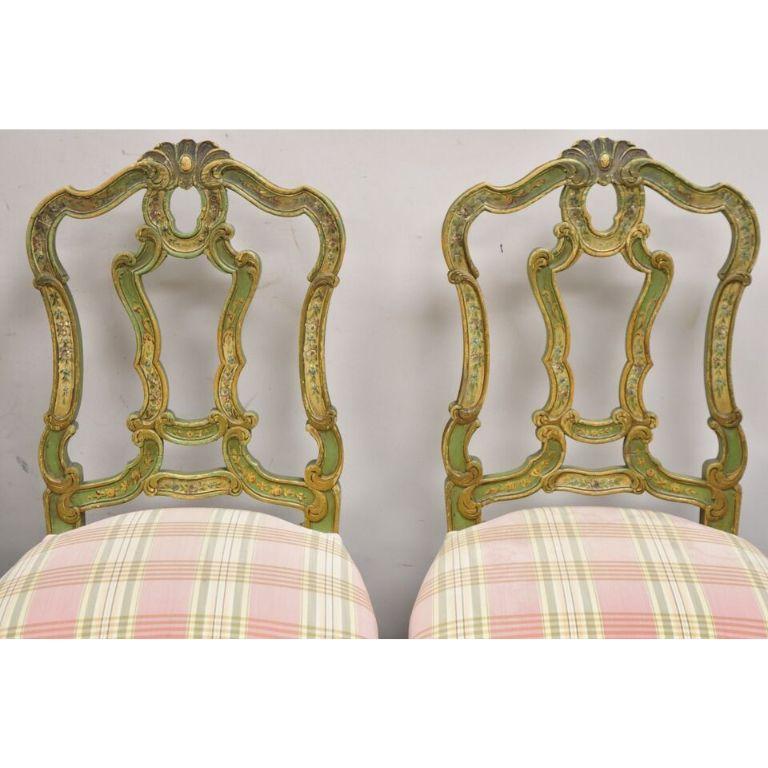 Rococo Antique Italian Venetian Green Floral Hand Painted Dining Side Chairs - Set of 4 For Sale