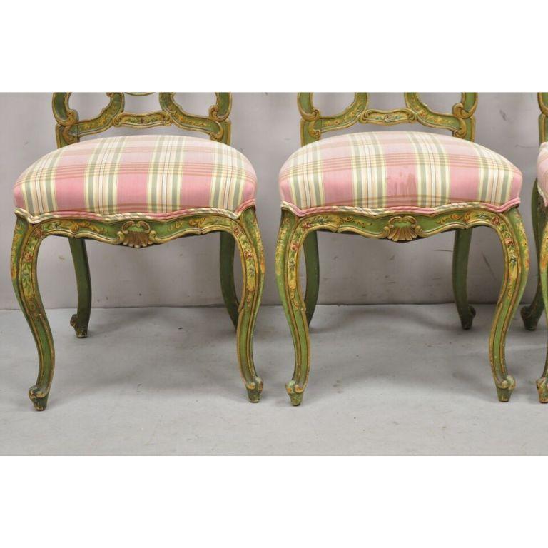 Antique Italian Venetian Green Floral Hand Painted Dining Side Chairs - Set of 4 In Good Condition For Sale In Philadelphia, PA