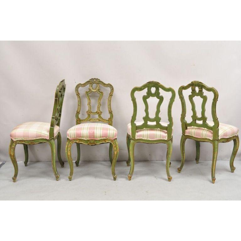 Antique Italian Venetian Green Floral Hand Painted Dining Side Chairs - Set of 4 For Sale 1