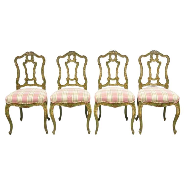 Antique Italian Venetian Green Floral Hand Painted Dining Side Chairs - Set of 4 For Sale
