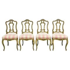 Antique Italian Venetian Green Floral Hand Painted Dining Side Chairs - Set of 4