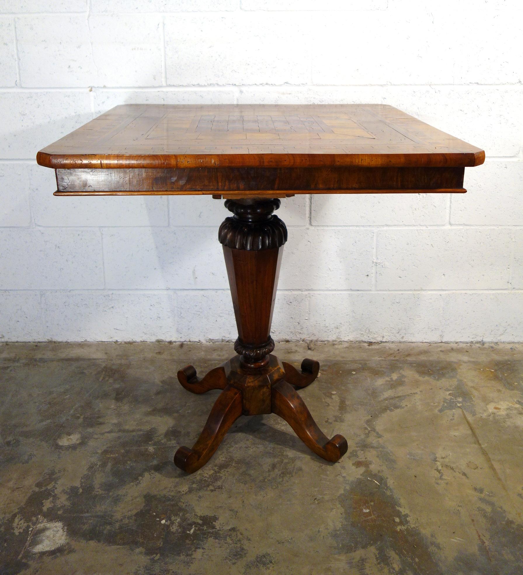 A lovely Venetian Louis XVI style game or card table of Italian walnut solids, burled and inlaid walnut and rosewood veneers, with dealer’s compartment in one side of apron. Also suitable for entry, side or end table, circa 1860.

Dimensions: 29.25