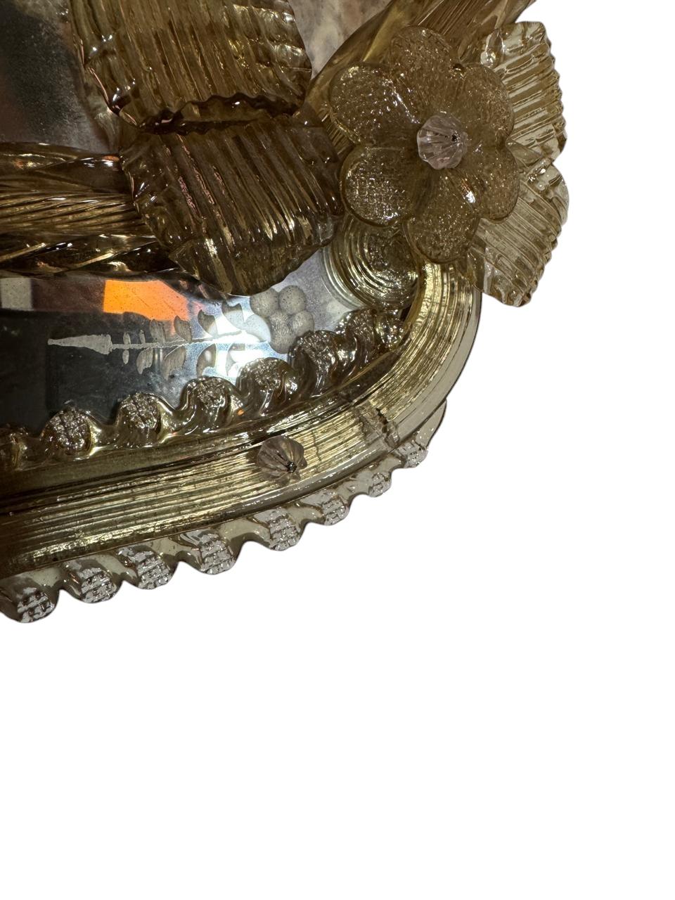 Gorgeous one of a kind Antique Italian Venetian Murano Glass Antiqued Wall Mirror, beveled octagonal mirror, hand blown, antiqued mirror panels, smoky gold fleck Murano glass application, flower design, etching detail, circa early 1900’s