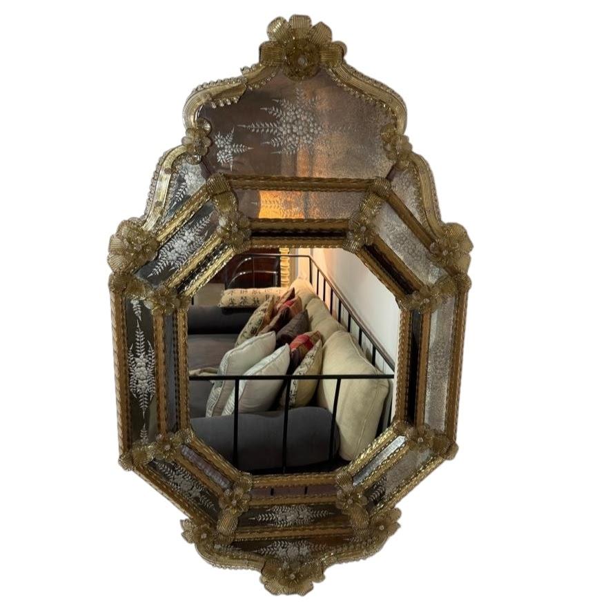 Antique Italian Venetian Murano Glass Antiqued Wall Mirror For Sale 1