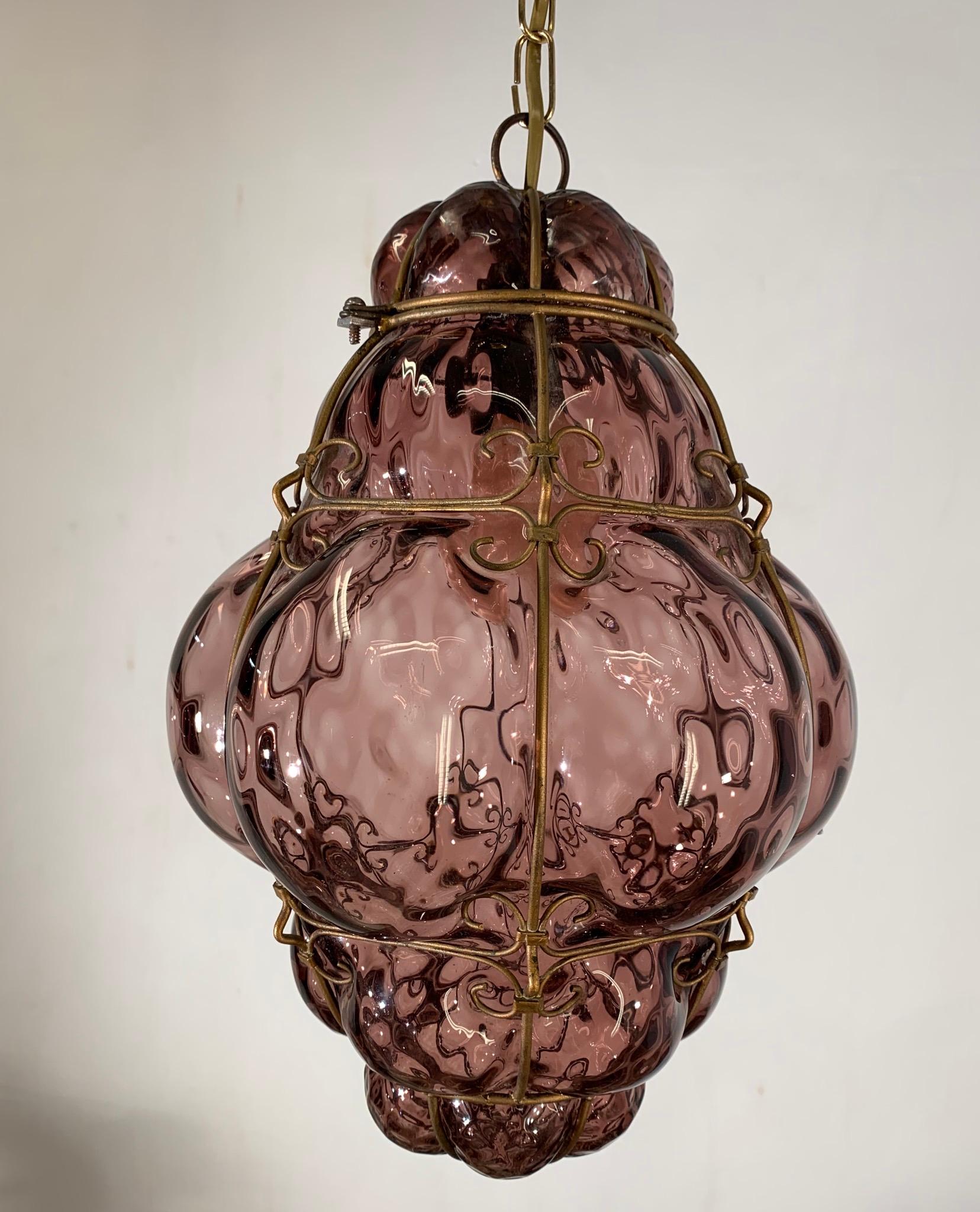 Arts and Crafts Antique Italian Venetian Murano Pendant Light Mouthblown Purple Glass in Frame