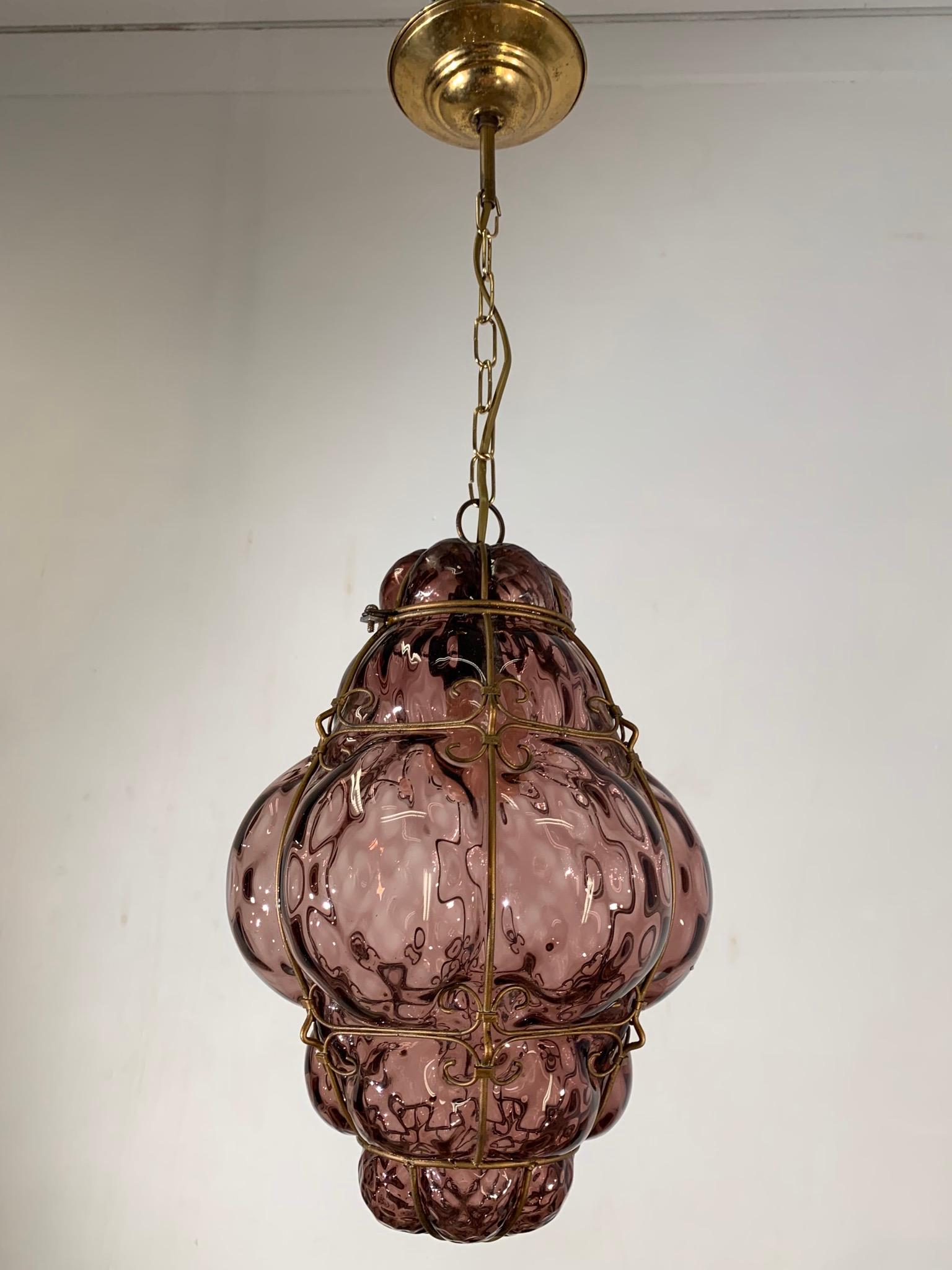 Hand-Crafted Antique Italian Venetian Murano Pendant Light Mouthblown Purple Glass in Frame