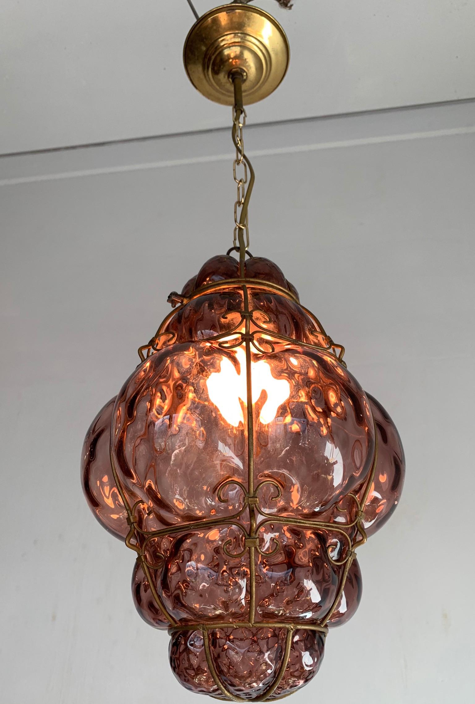 Antique Italian Venetian Murano Pendant Light Mouthblown Purple Glass in Frame In Good Condition In Lisse, NL