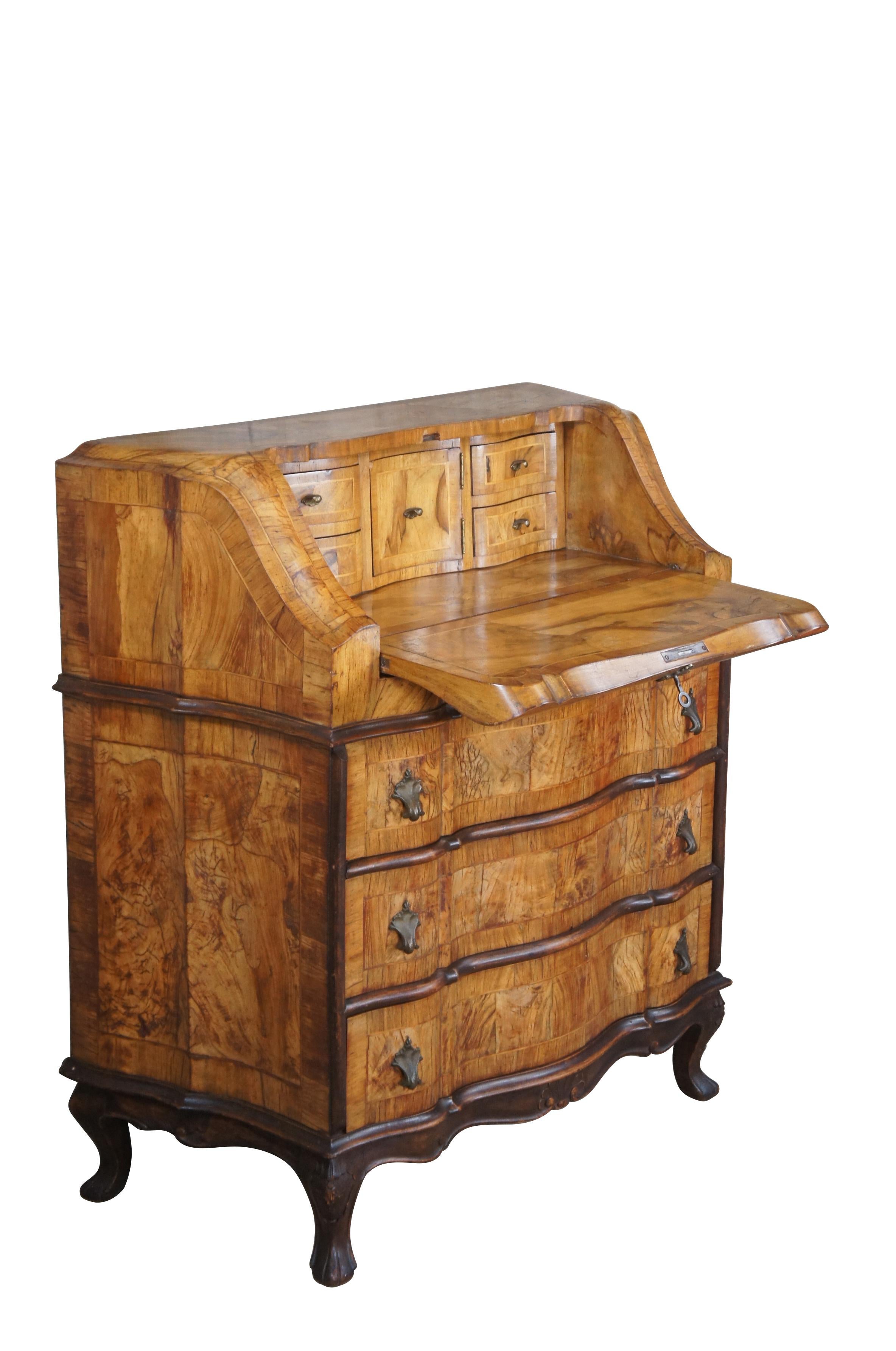 Neoclassical Antique Italian Venetian Olive Burl Serpentine Secretary Slant Desk Bureau Chest For Sale