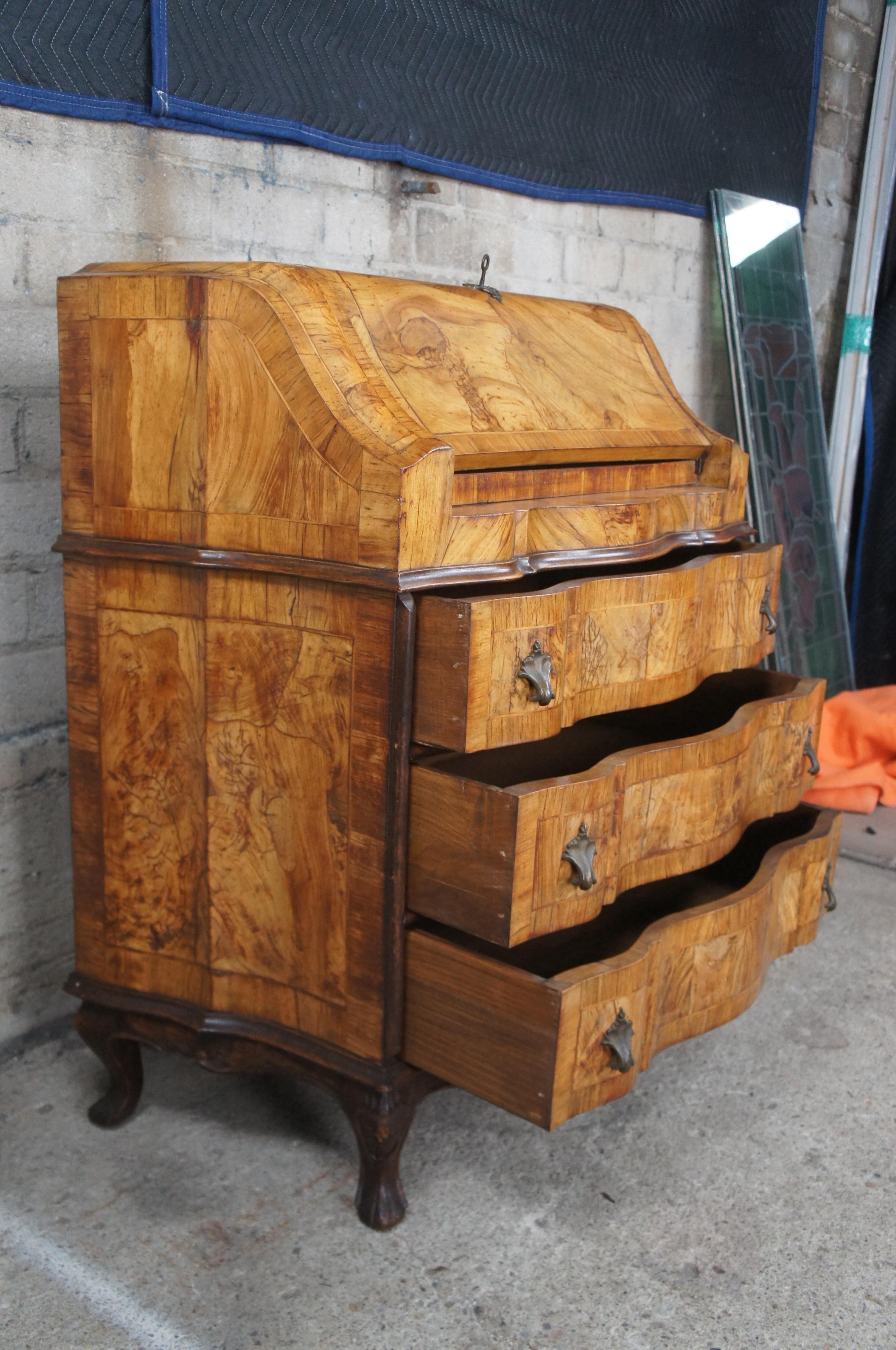 Antique Italian Venetian Olive Burl Serpentine Secretary Slant Desk Bureau Chest For Sale 3