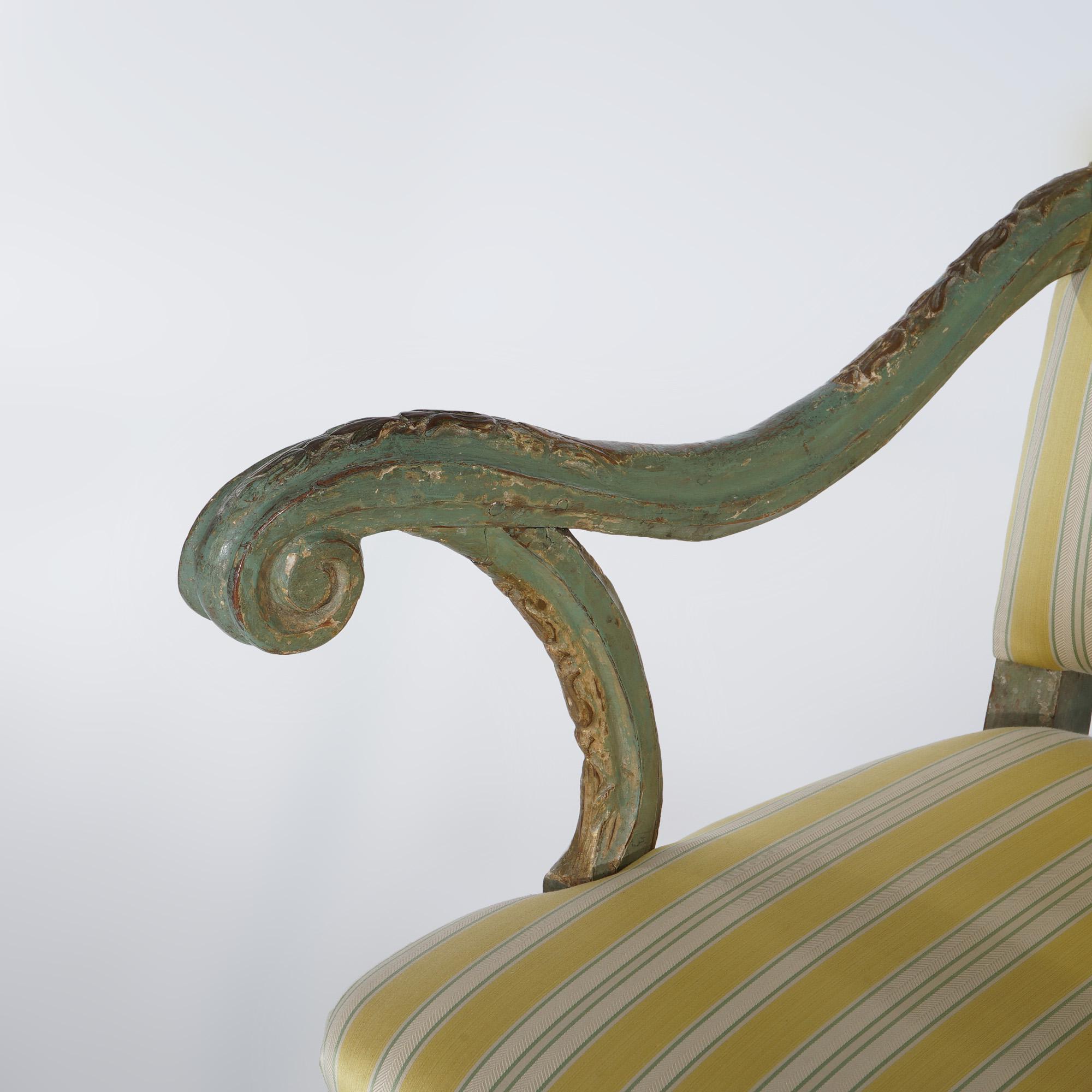 ***Reduced Delivery Rates - See Below or Click “Ask The Seller” to Request a Quote***

Antique Italian Venetian Upholstered & Polychromed Armchair with Inverted Bellflowers, Scroll Form Arms and  Feet, 19thC

Measures - 43.5