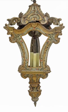 Antique Italian Venetian Rococo Carved Painted Gilt Wood 3-Light Hall Lantern