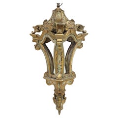 Antique Italian Venetian Rococo Carved Painted Gilt Wood 3-Light Hall Lantern