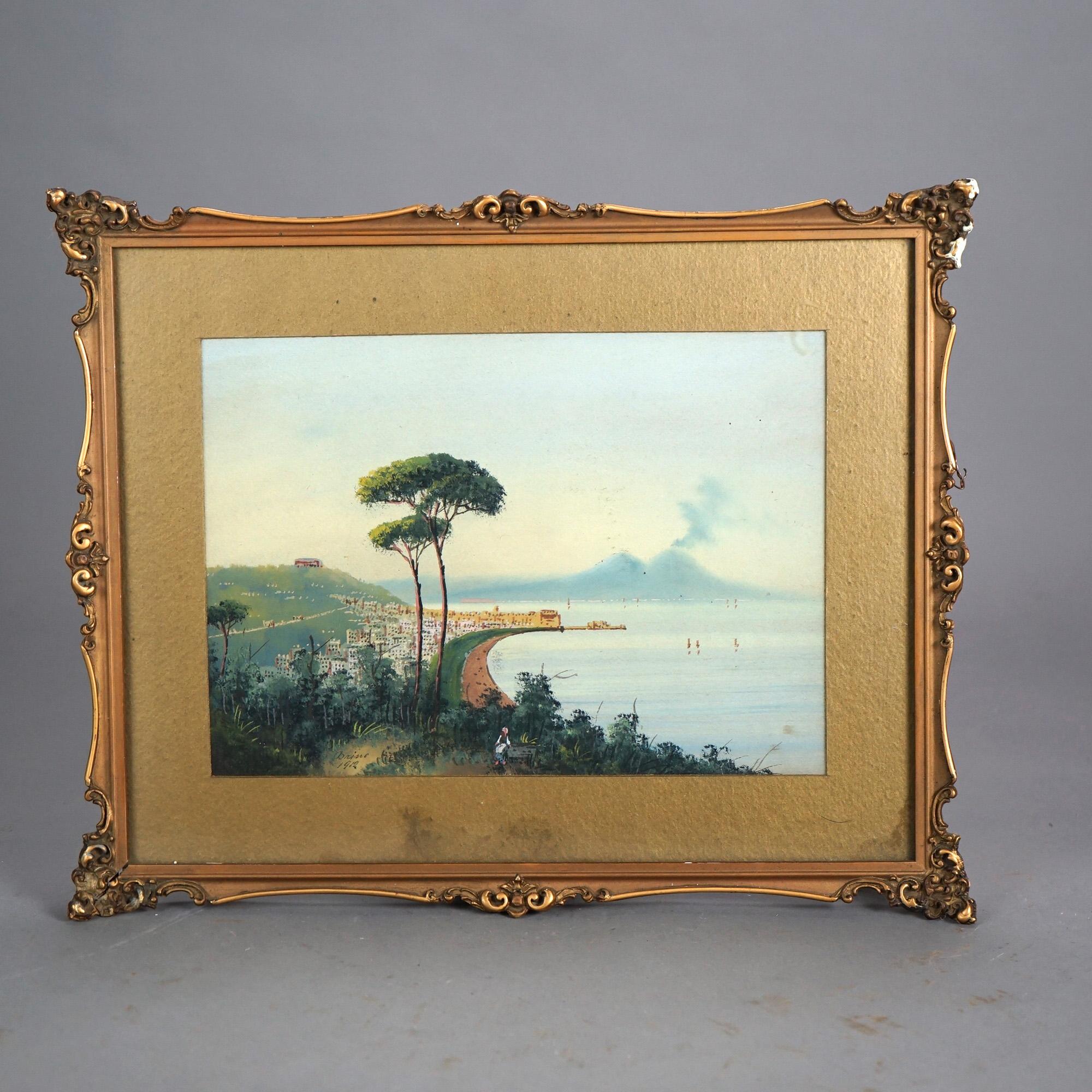 Antico acquerello italiano veneziano Paesaggio costiero firmato da Bring C1912 In condizioni buone in vendita a Big Flats, NY