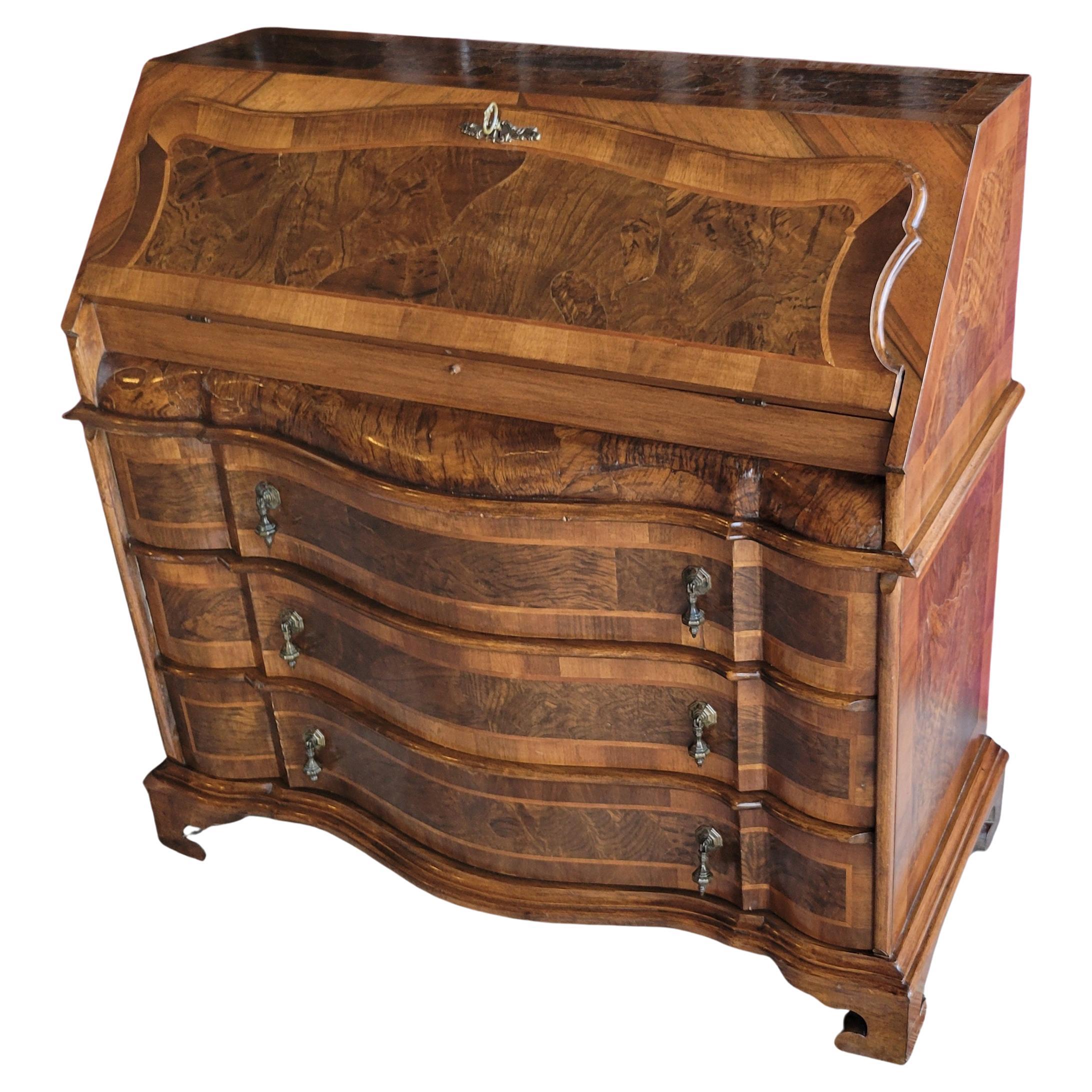 Antique Italian Walnut and Olive Burl Secretary with (3) Drawers