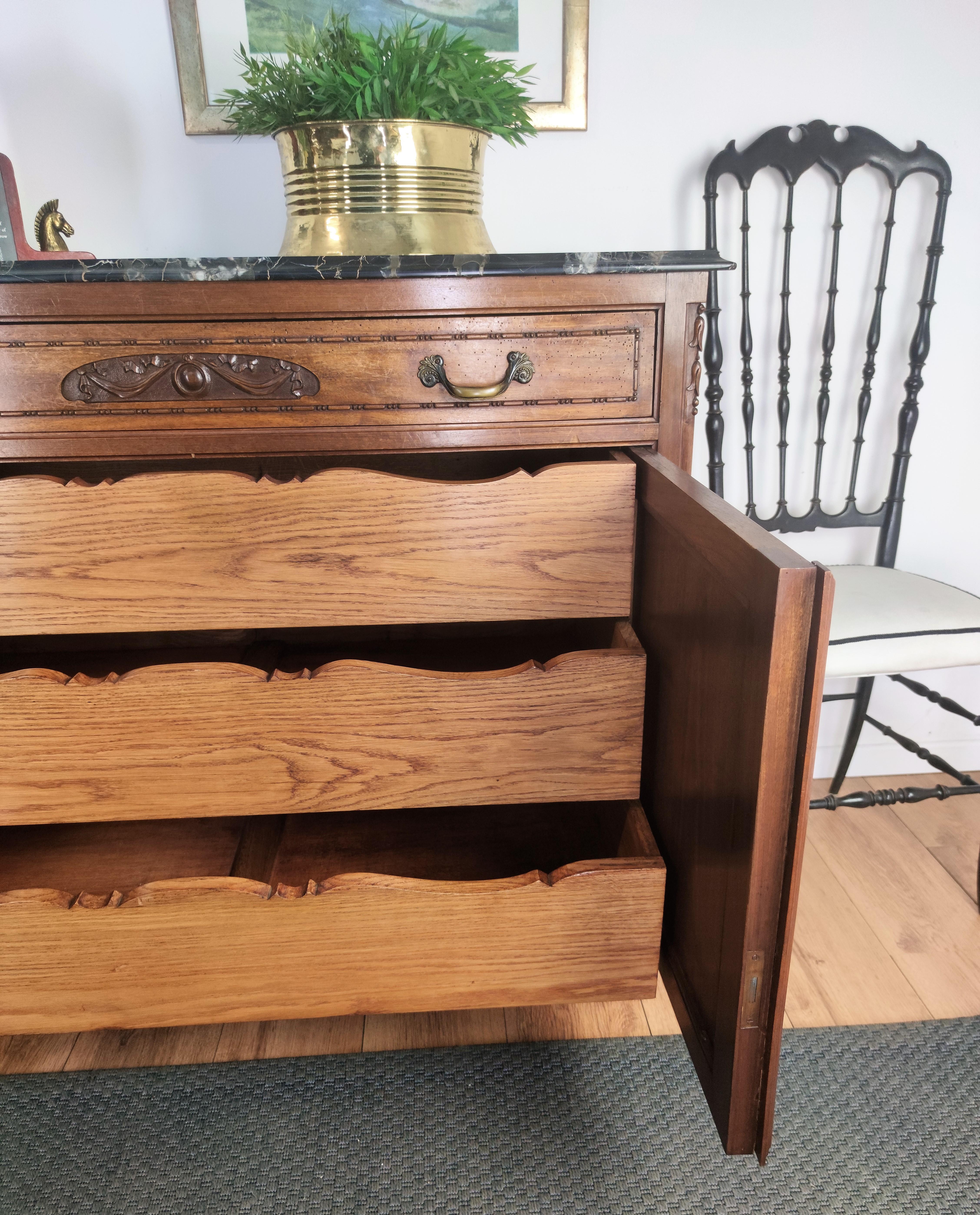20th Century Antique Italian Walnut, Brass and Marble Top Chest of Drawers Commode Credenza For Sale