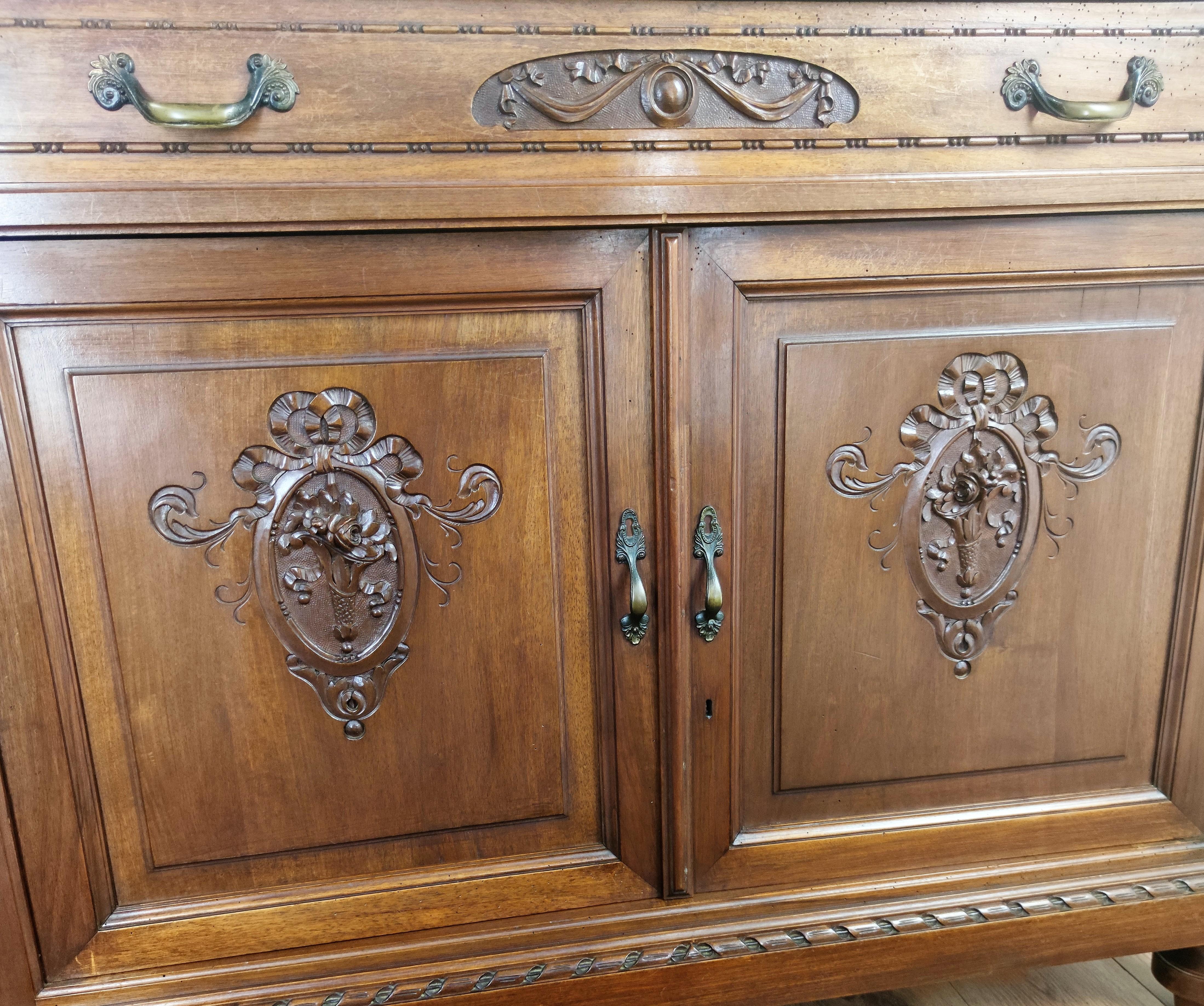 Wood Antique Italian Walnut, Brass and Marble Top Chest of Drawers Commode Credenza For Sale