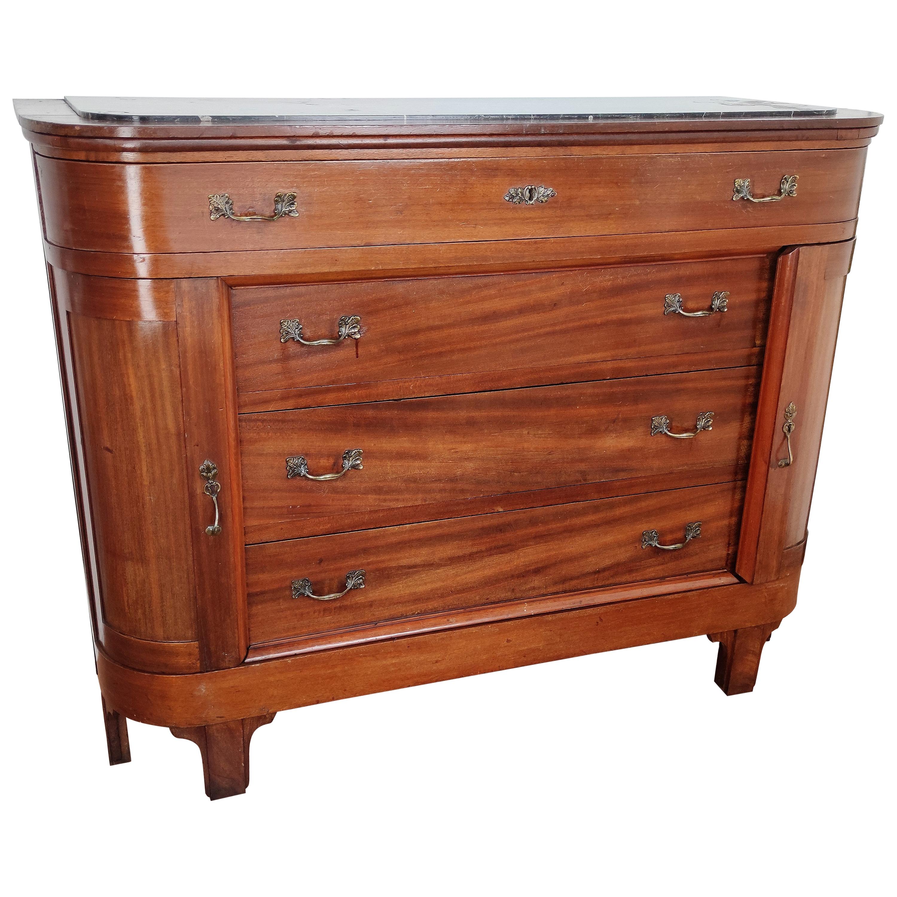 Antique Italian Walnut, Brass and Marble-Top Chest of Drawers Commode Credenza For Sale