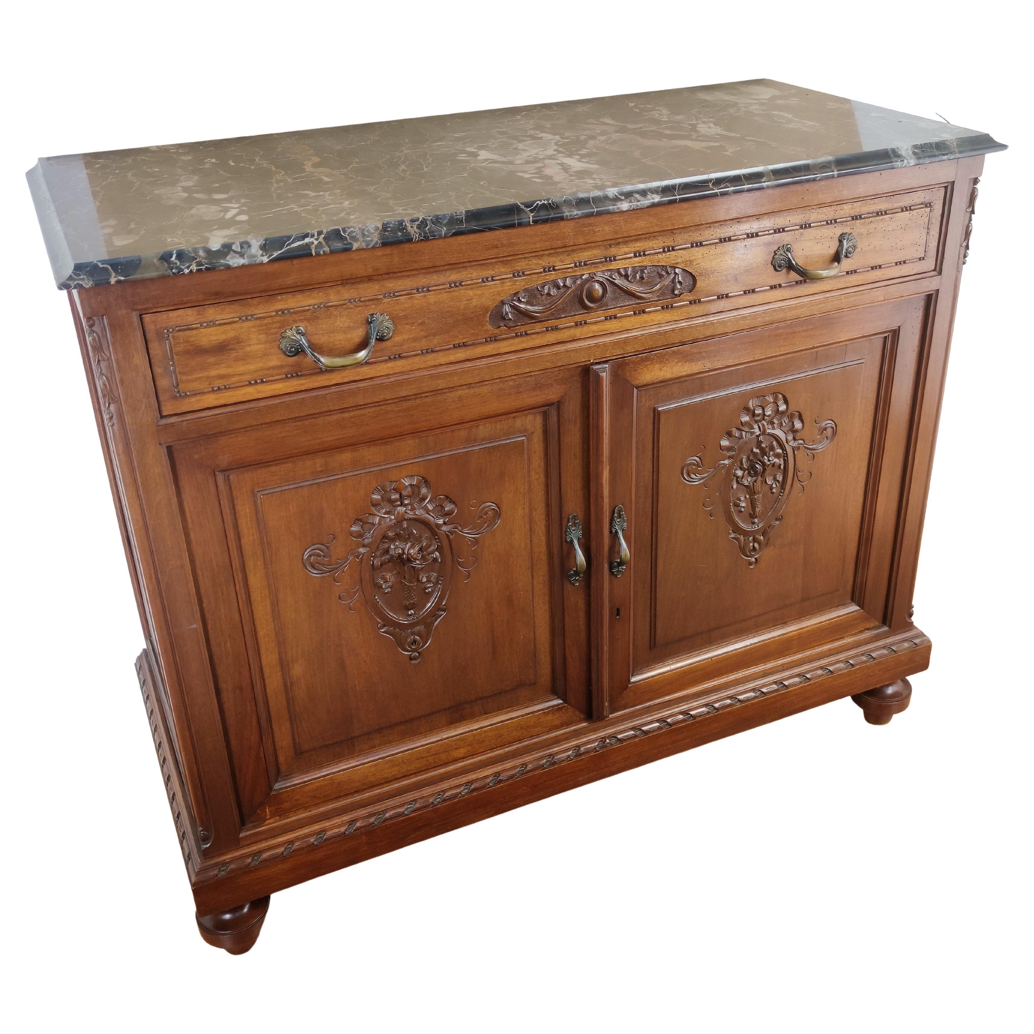 Antique Italian Walnut, Brass and Marble Top Chest of Drawers Commode Credenza For Sale