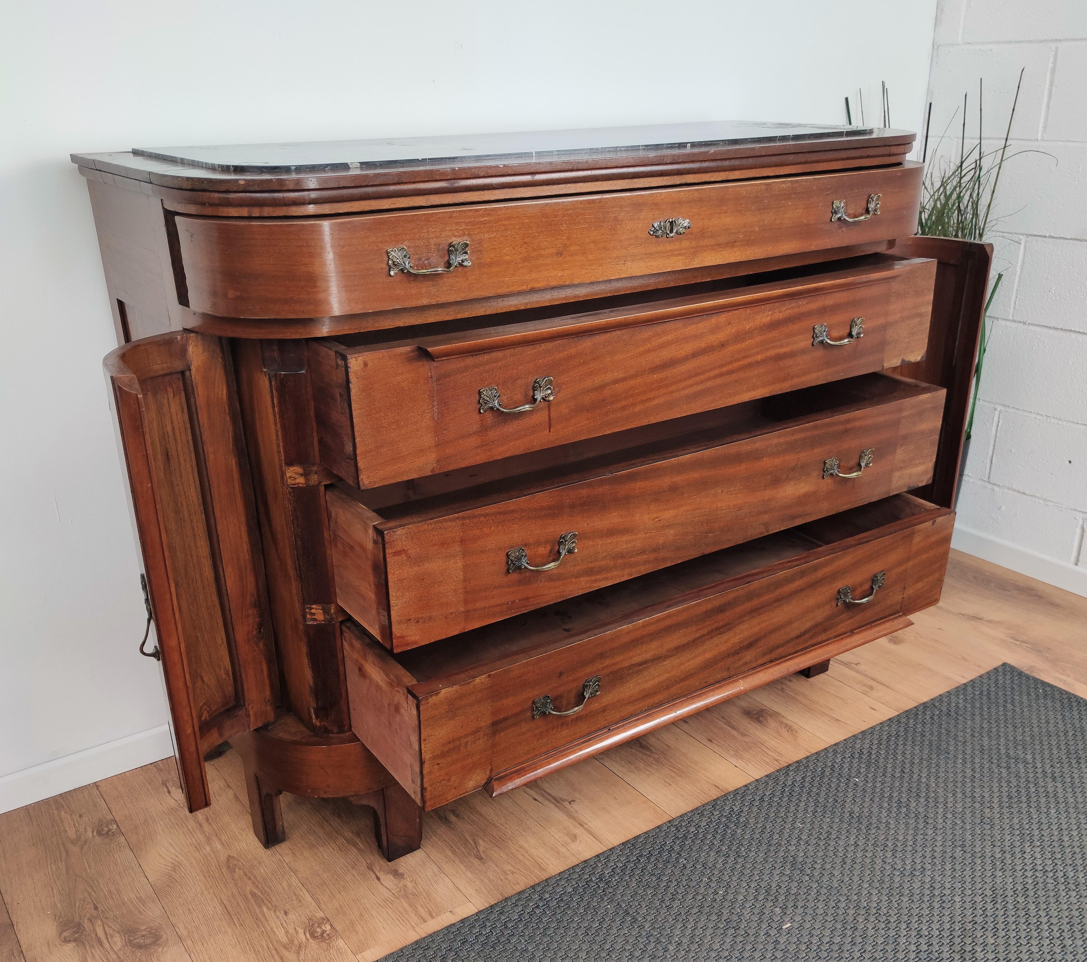 20th Century Antique Italian Walnut, Brass and Marble-Top Chest of Drawers Commode Credenza For Sale