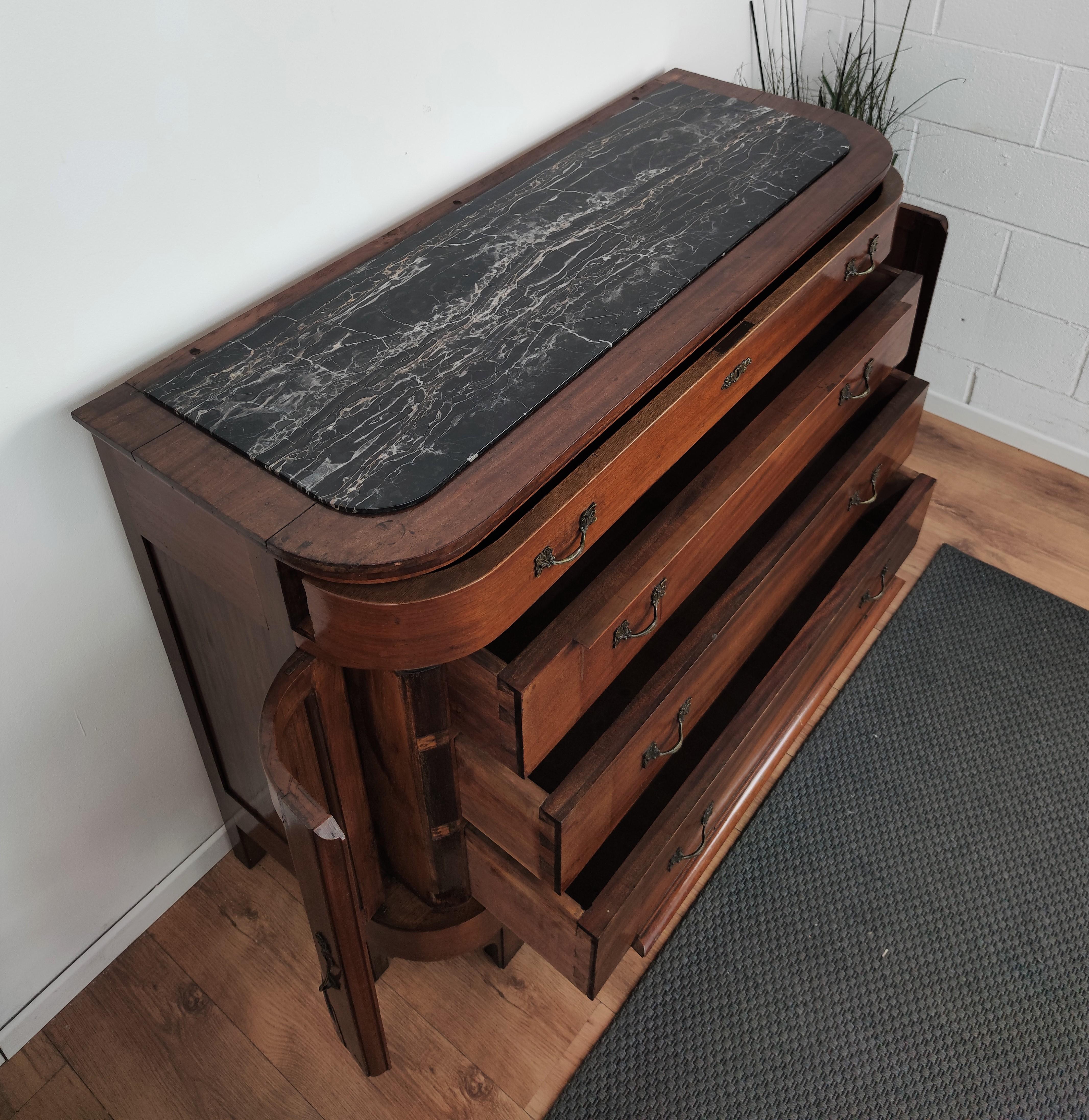 Wood Antique Italian Walnut, Brass and Marble-Top Chest of Drawers Commode Credenza For Sale