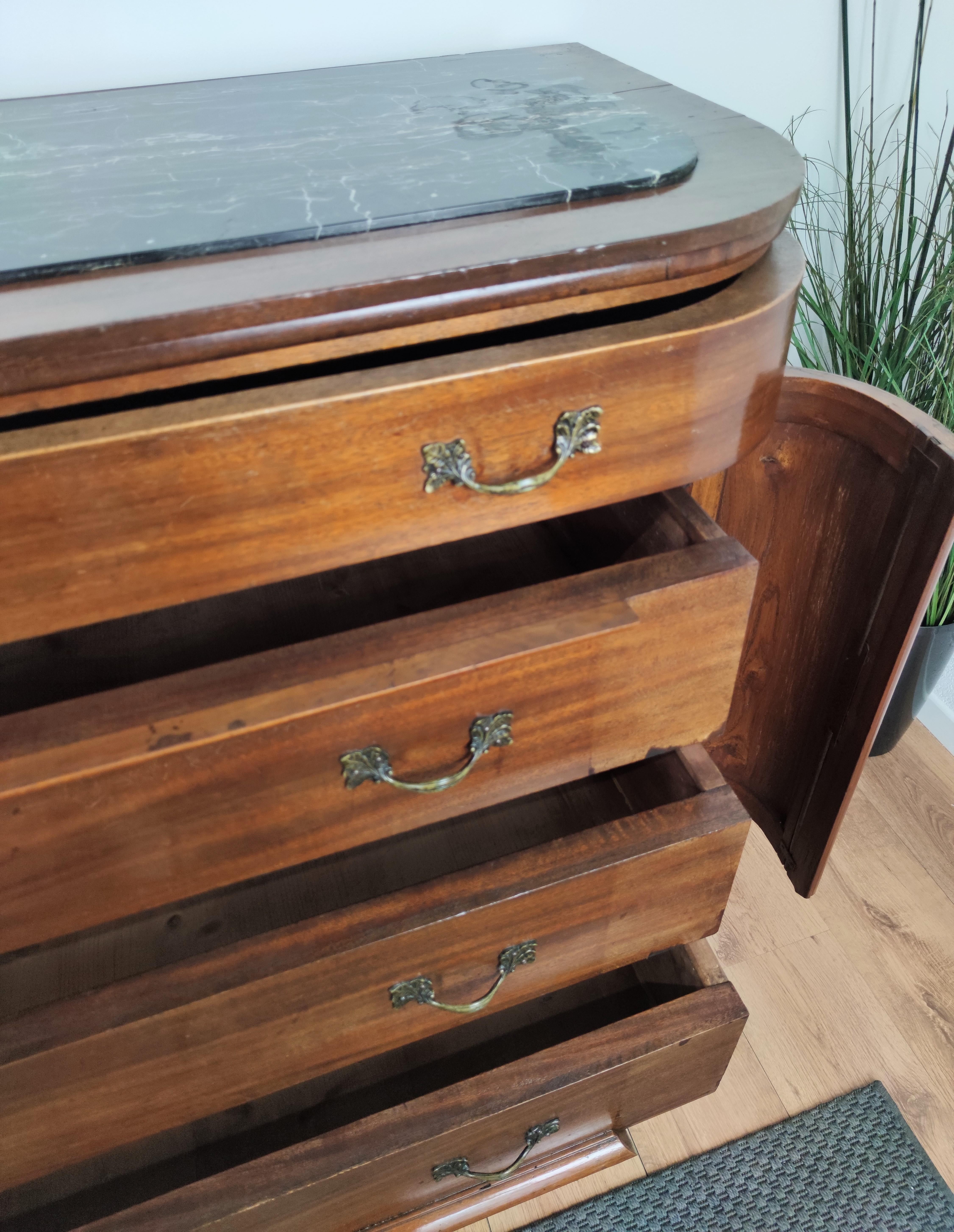 Antique Italian Walnut, Brass and Marble-Top Chest of Drawers Commode Credenza For Sale 1