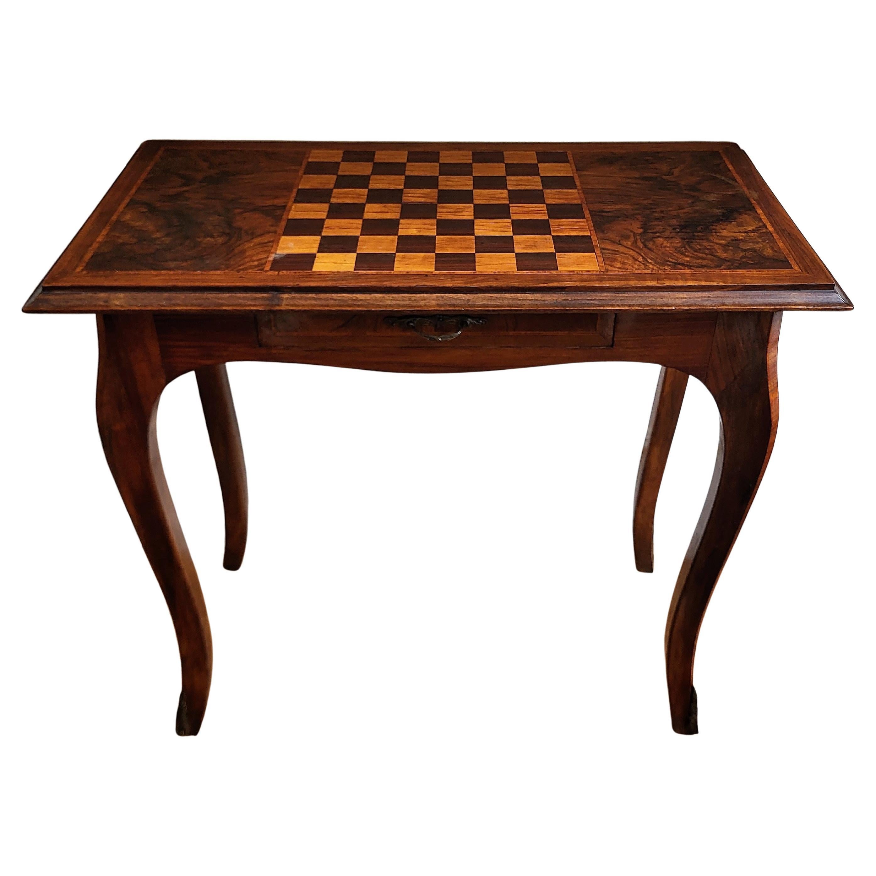 Antique Italian Walnut Burl Inlay Chess Games Side Table with Cabriole Legs For Sale