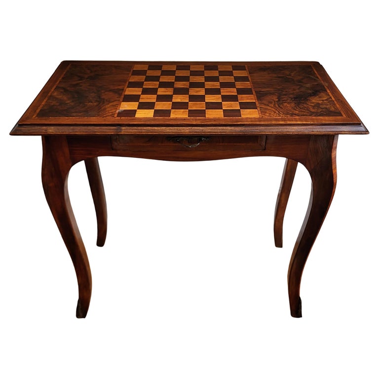 Antique Italian Walnut Burl Inlay Chess Games Side Table with Cabriole