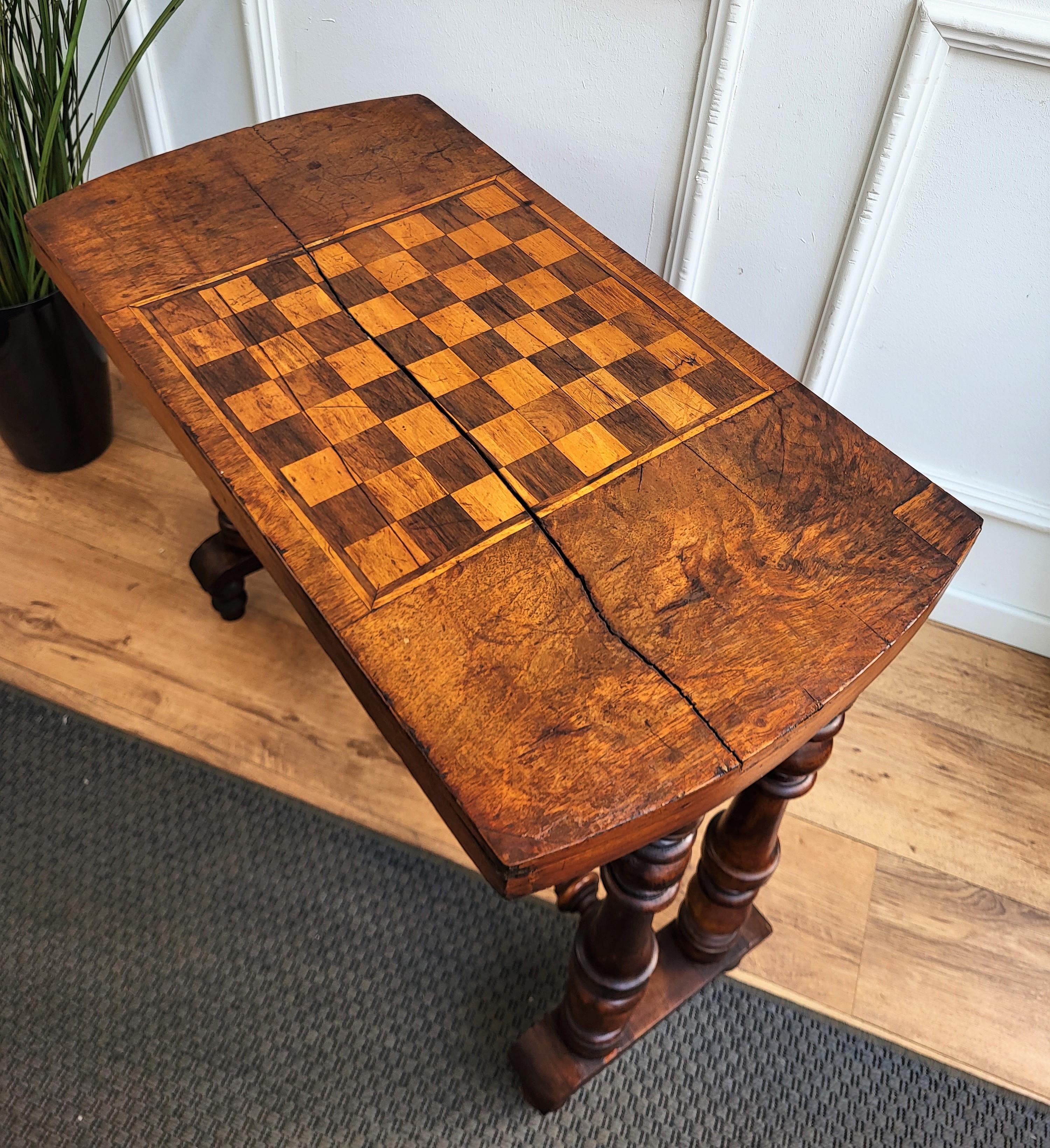 Antique Italian Walnut Burl Inlay Chess Games Side Table with Carved Legs 1