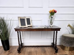 Antique Italian Walnut Burl Inlay Console Side Table with Bobbin Turned Legs