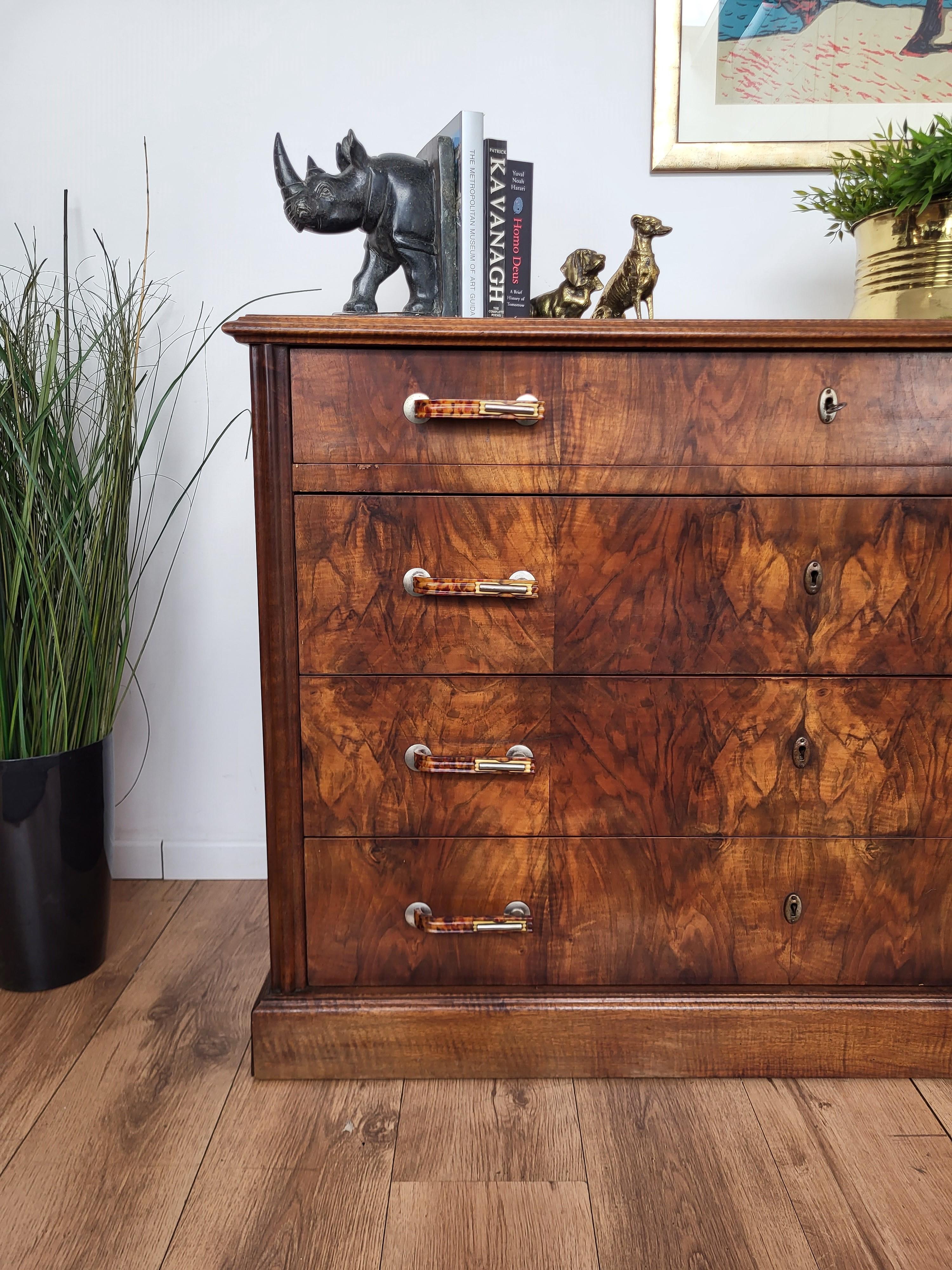 Mid-Century Modern Antique Italian Walnut Burl Portoro Marble Top Chest of Drawers Commode Credenza For Sale