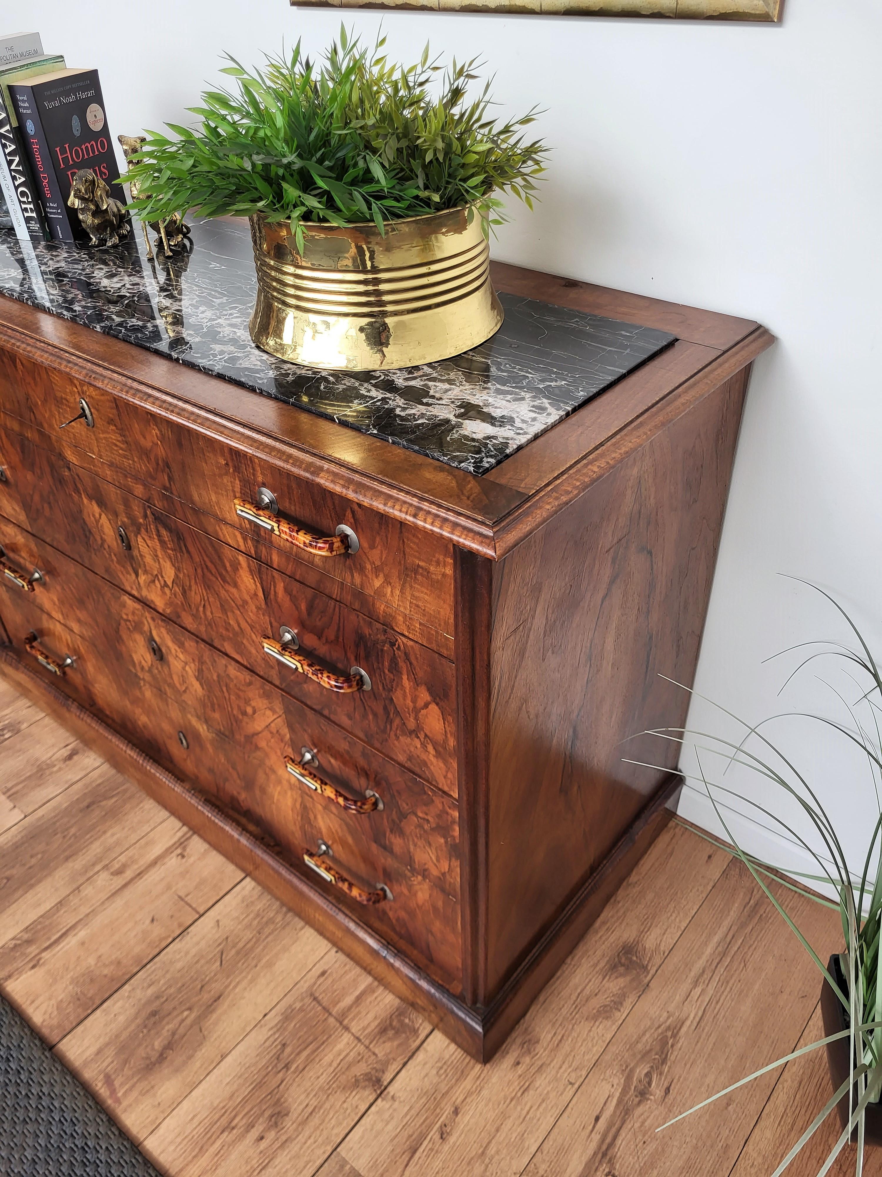 Mosaic Antique Italian Walnut Burl Portoro Marble Top Chest of Drawers Commode Credenza For Sale