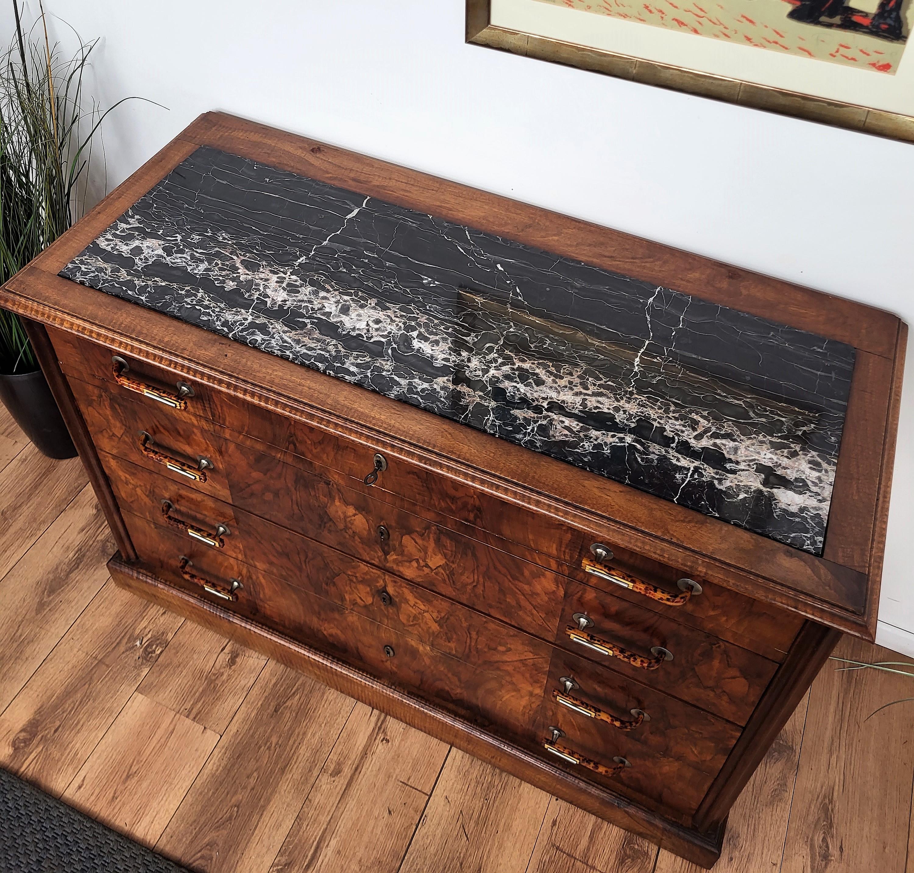 Antique Italian Walnut Burl Portoro Marble Top Chest of Drawers Commode Credenza For Sale 1