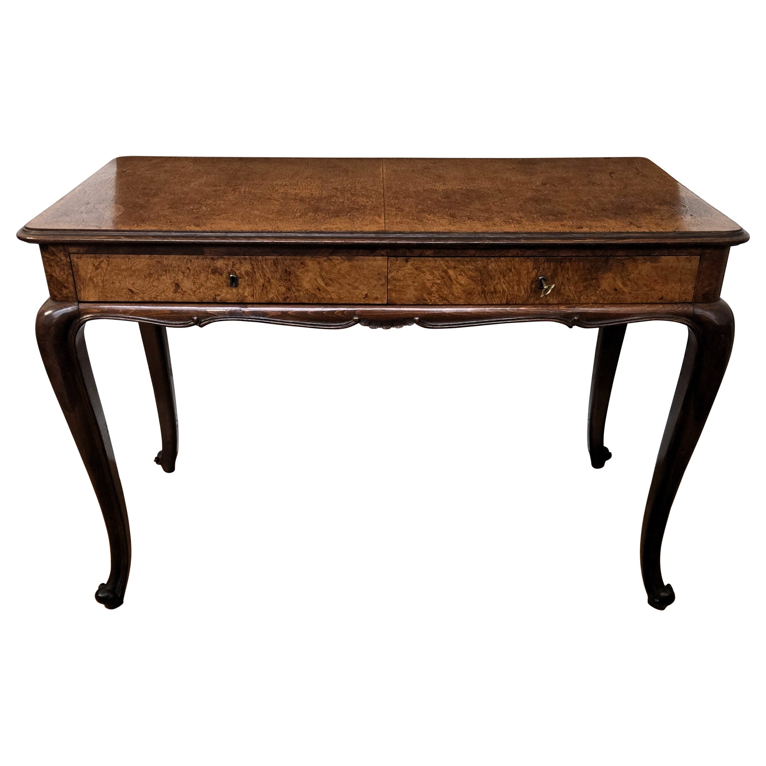 Antico tavolo da scrittura in legno di radica di noce italiana in vendita