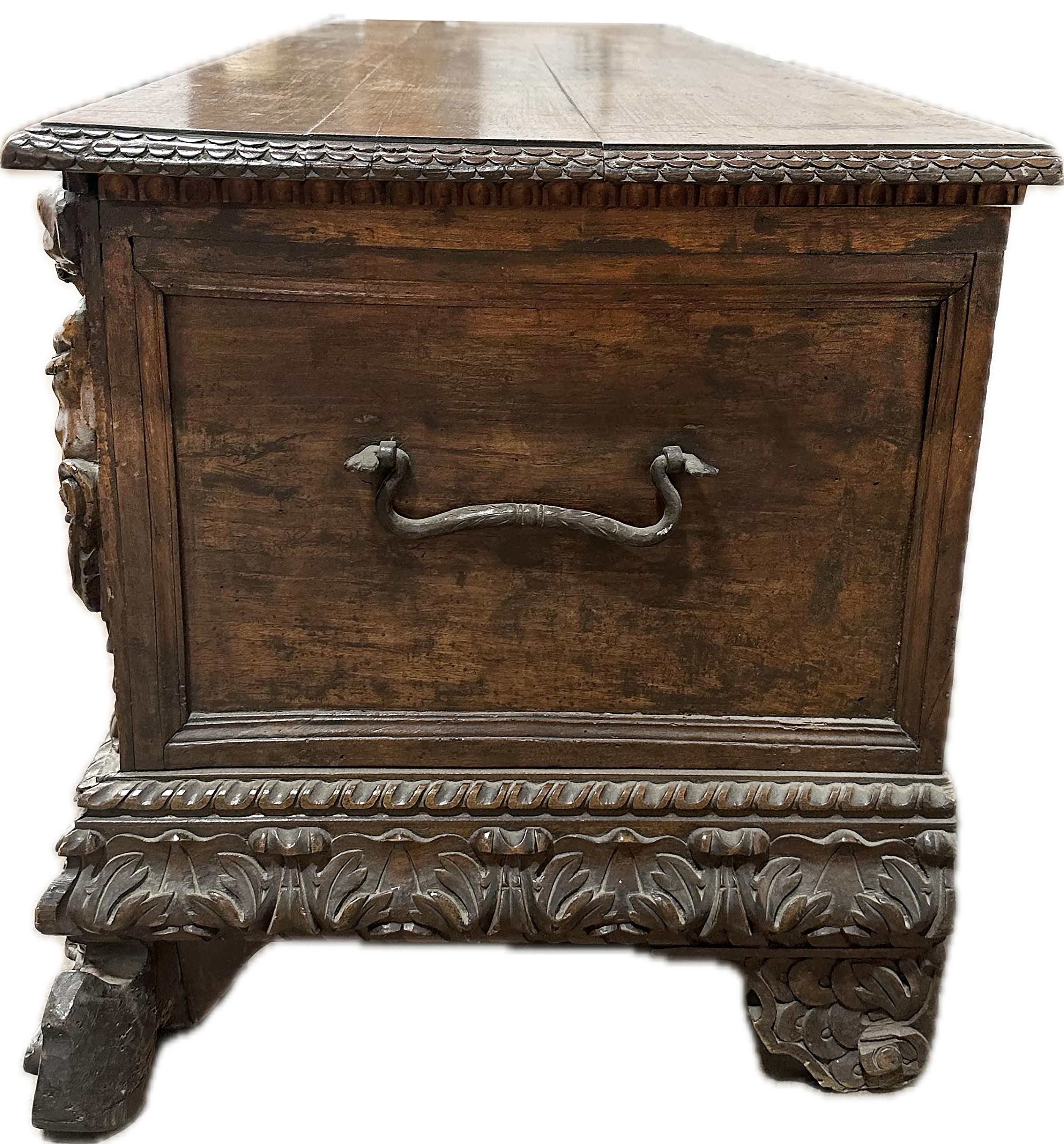 Carved Antique Italian Walnut Cassone For Sale